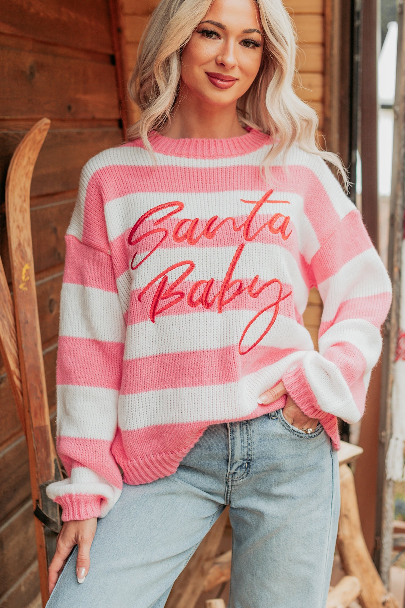 "Santa Baby" Stripe Knit Sweater (Pink/Multi)
