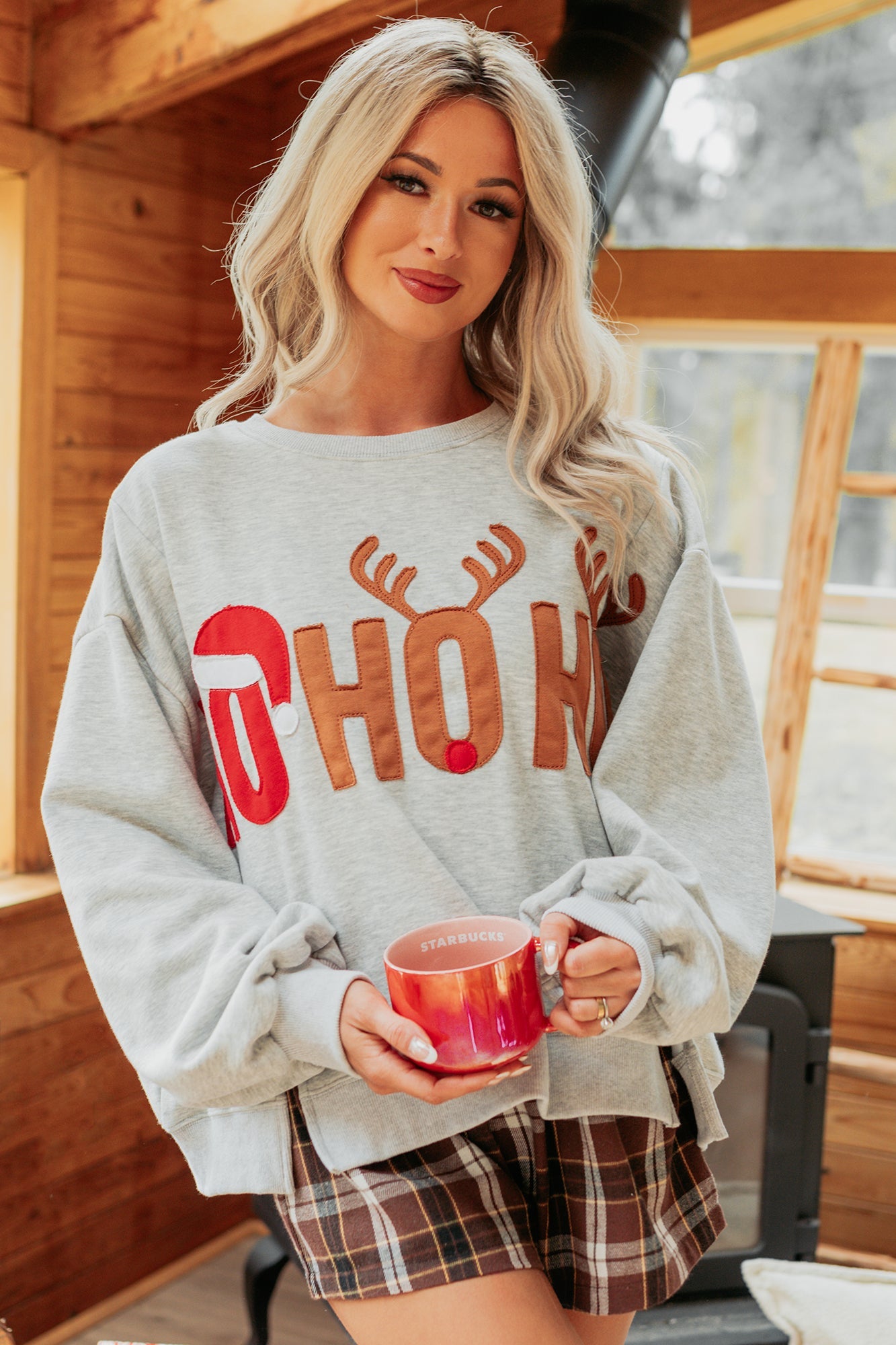 "HO HO HO" Patchwork Sweater (Heather Grey)