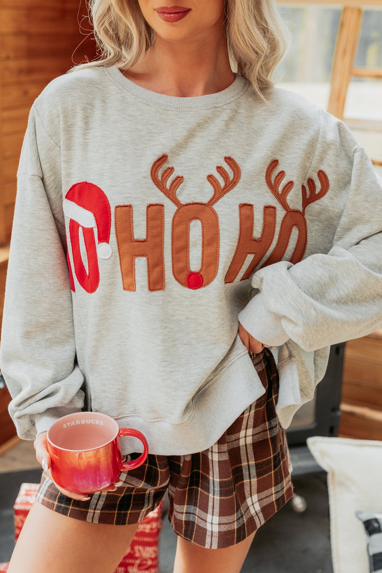 "HO HO HO" Patchwork Sweater (Heather Grey)