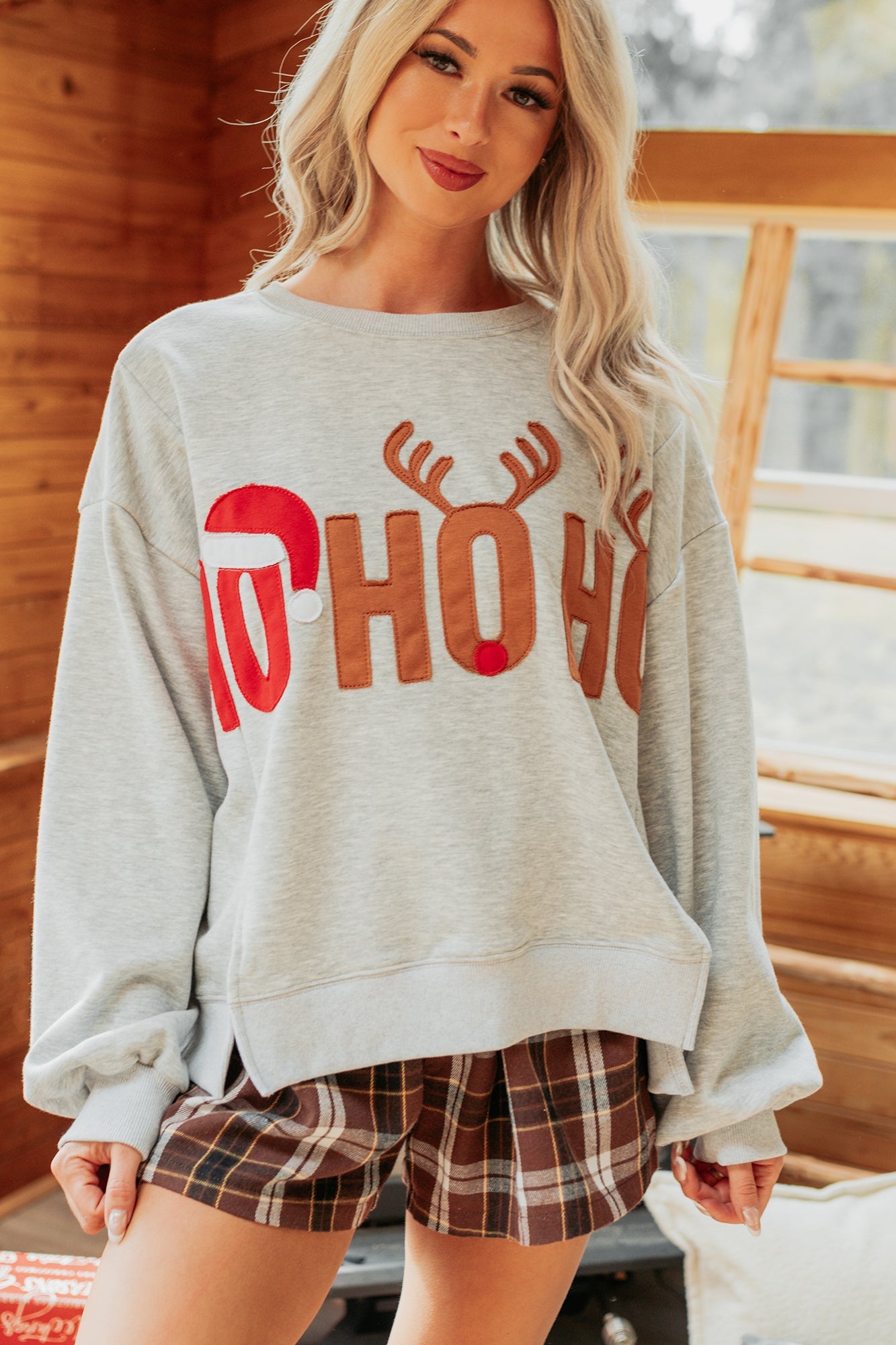 "HO HO HO" Patchwork Sweater (Heather Grey)