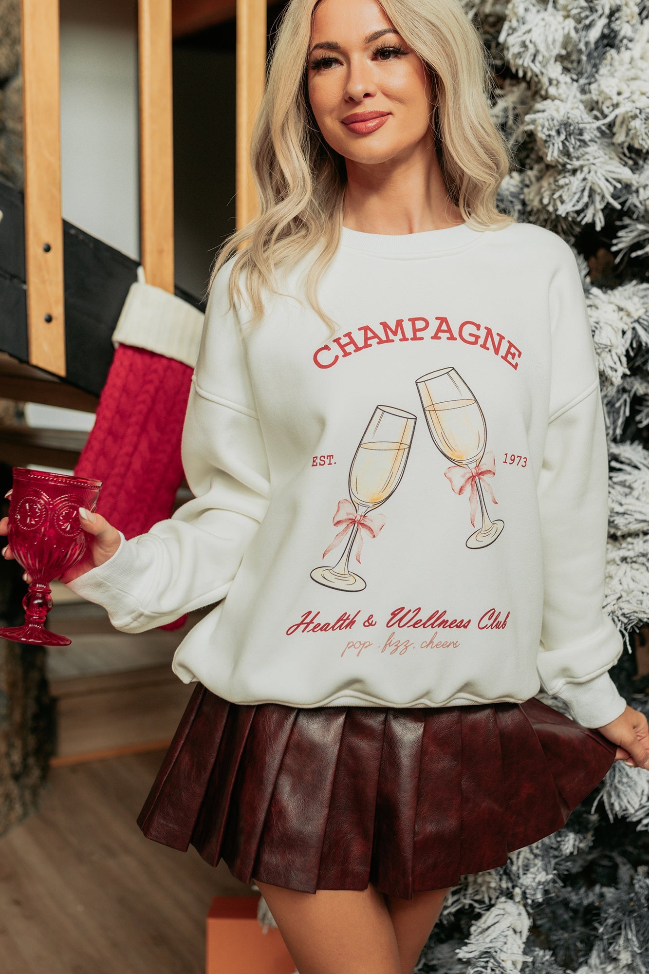 "Champagne" Fleece Lined Graphic Sweatshirt (White)