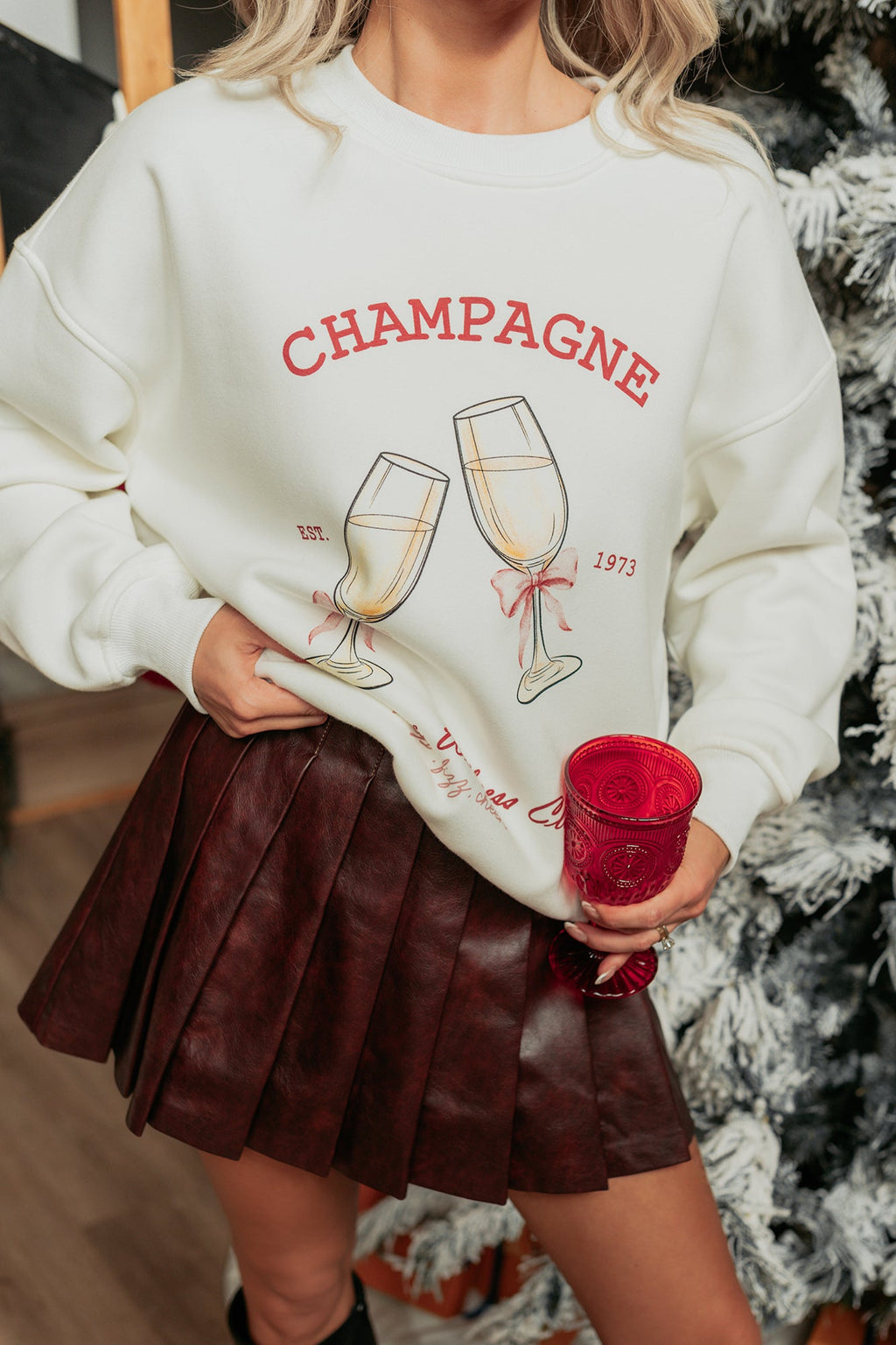 "Champagne" Fleece Lined Graphic Sweatshirt (White)