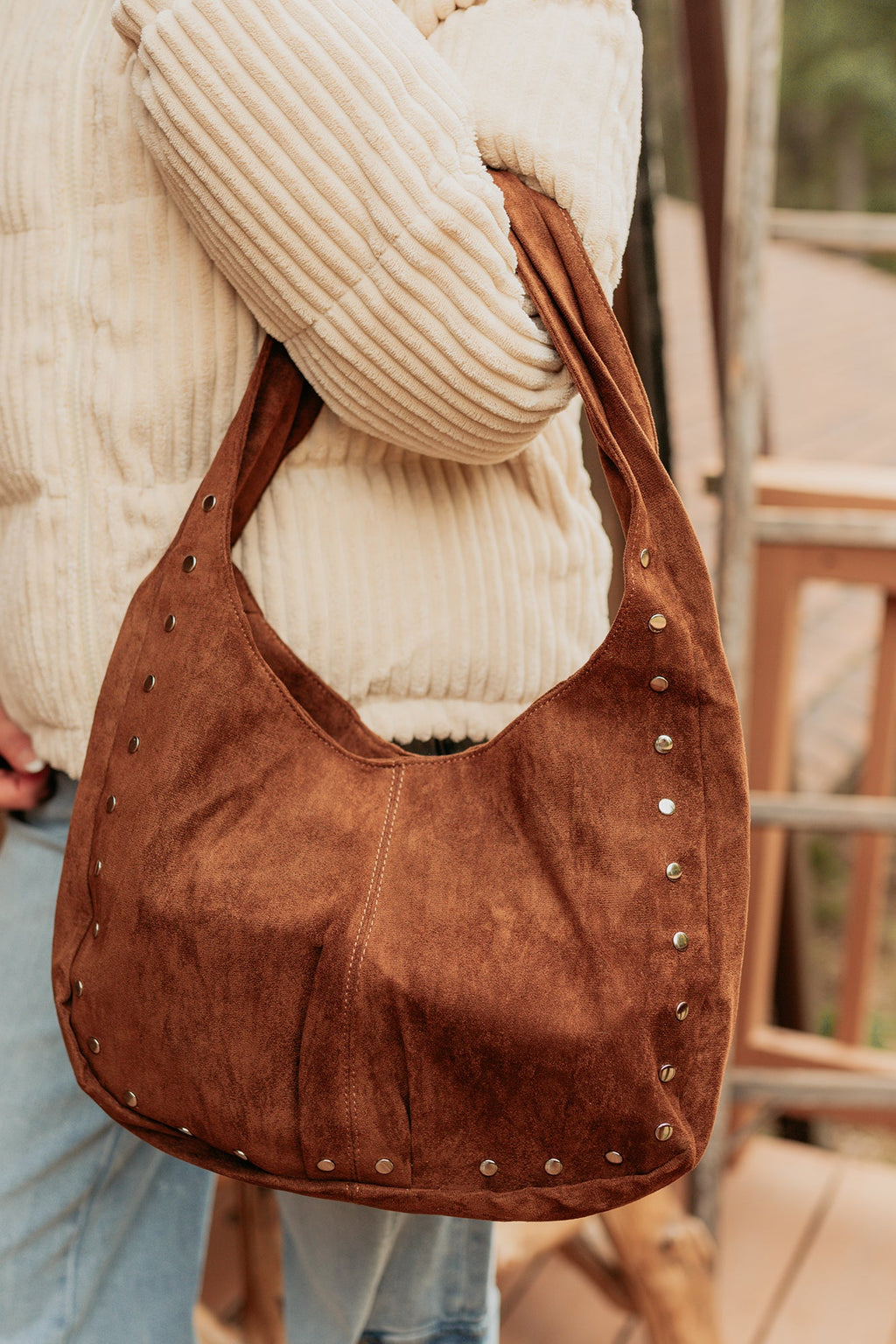 Chic Instinct Faux Suede Studded Handbag (Light Brown)
