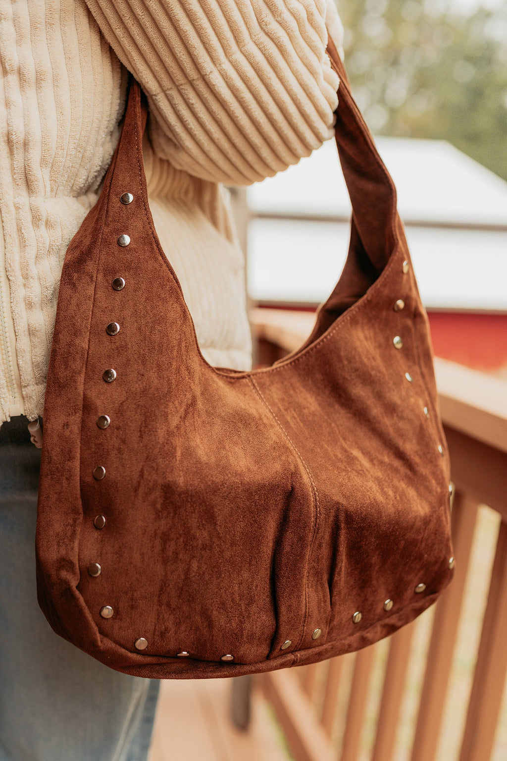 Chic Instinct Faux Suede Studded Handbag (Light Brown)