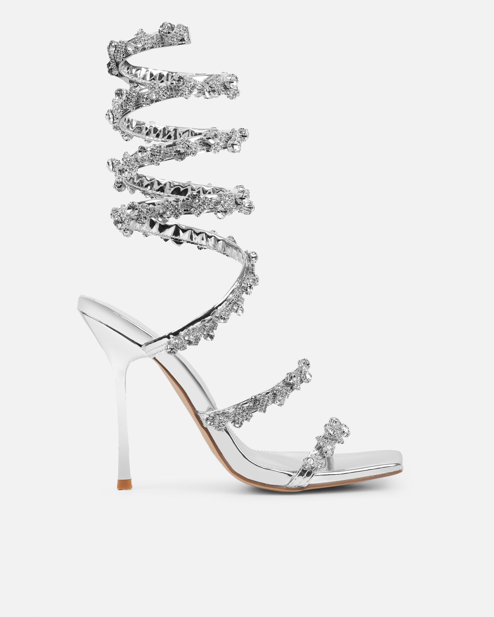 Cosmic Silver Mirror Diamante Spiral Sandals