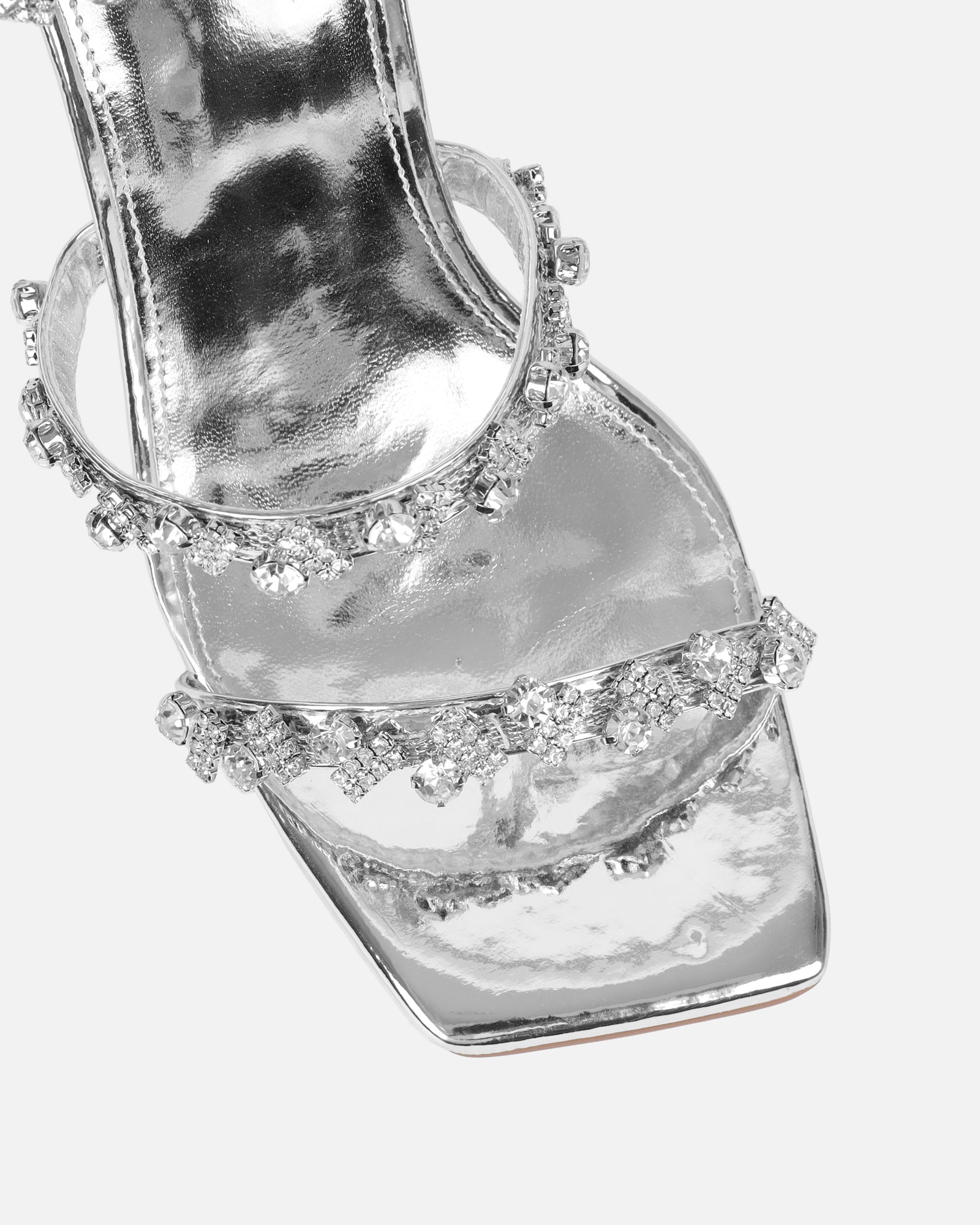 Cosmic Silver Mirror Diamante Spiral Sandals
