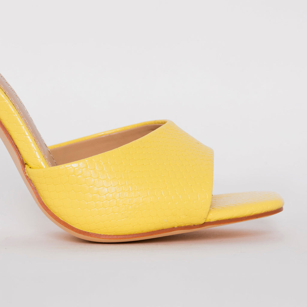 Eloura Yellow Snake Print Flared Heel Mules