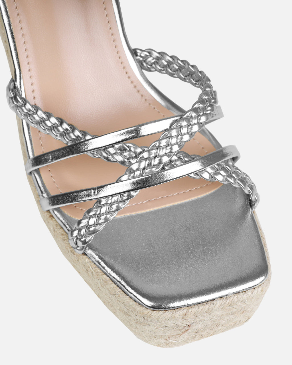 Olive Silver Braided Strappy Espadrille Wedges