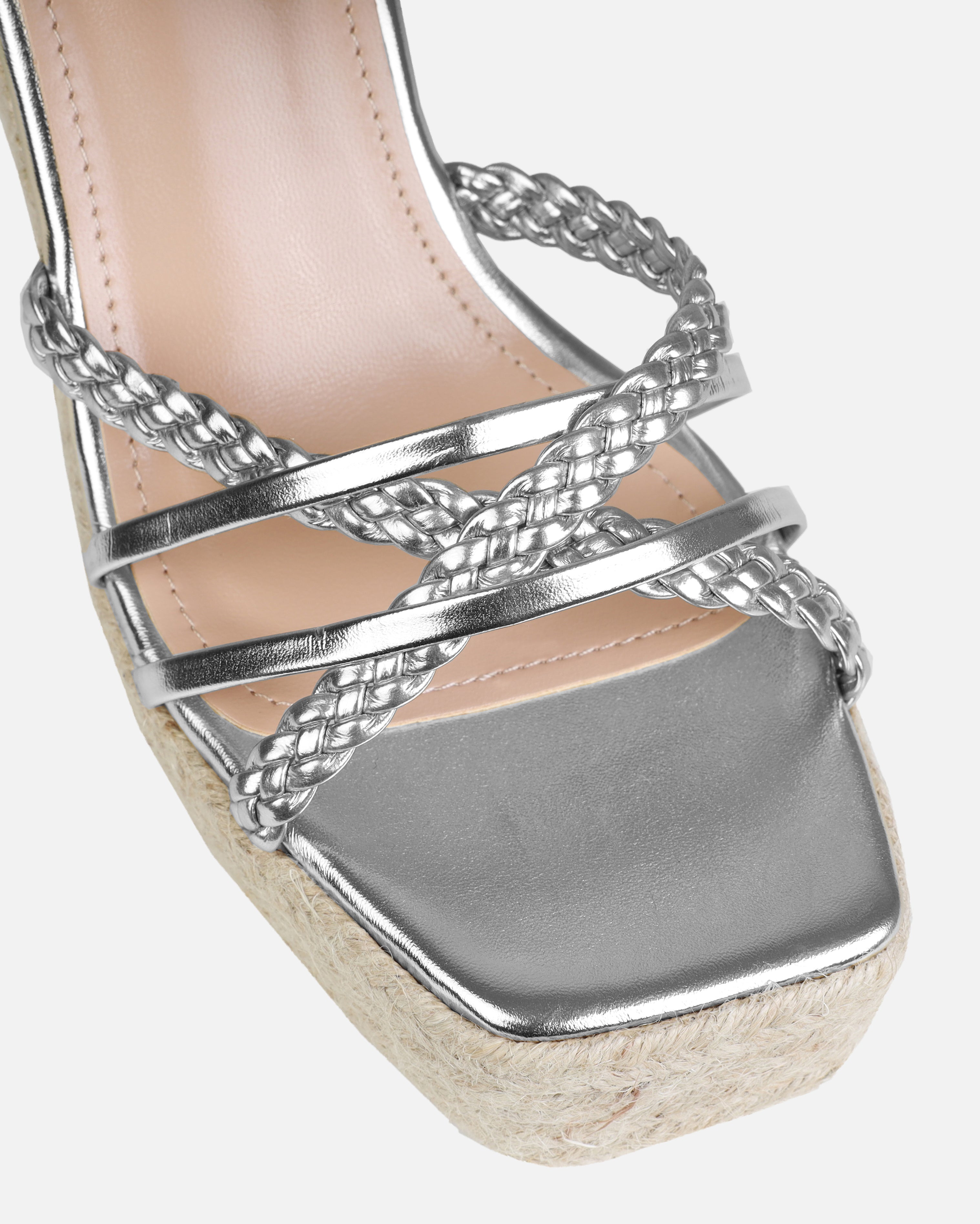 Olive Silver Braided Strappy Espadrille Wedges