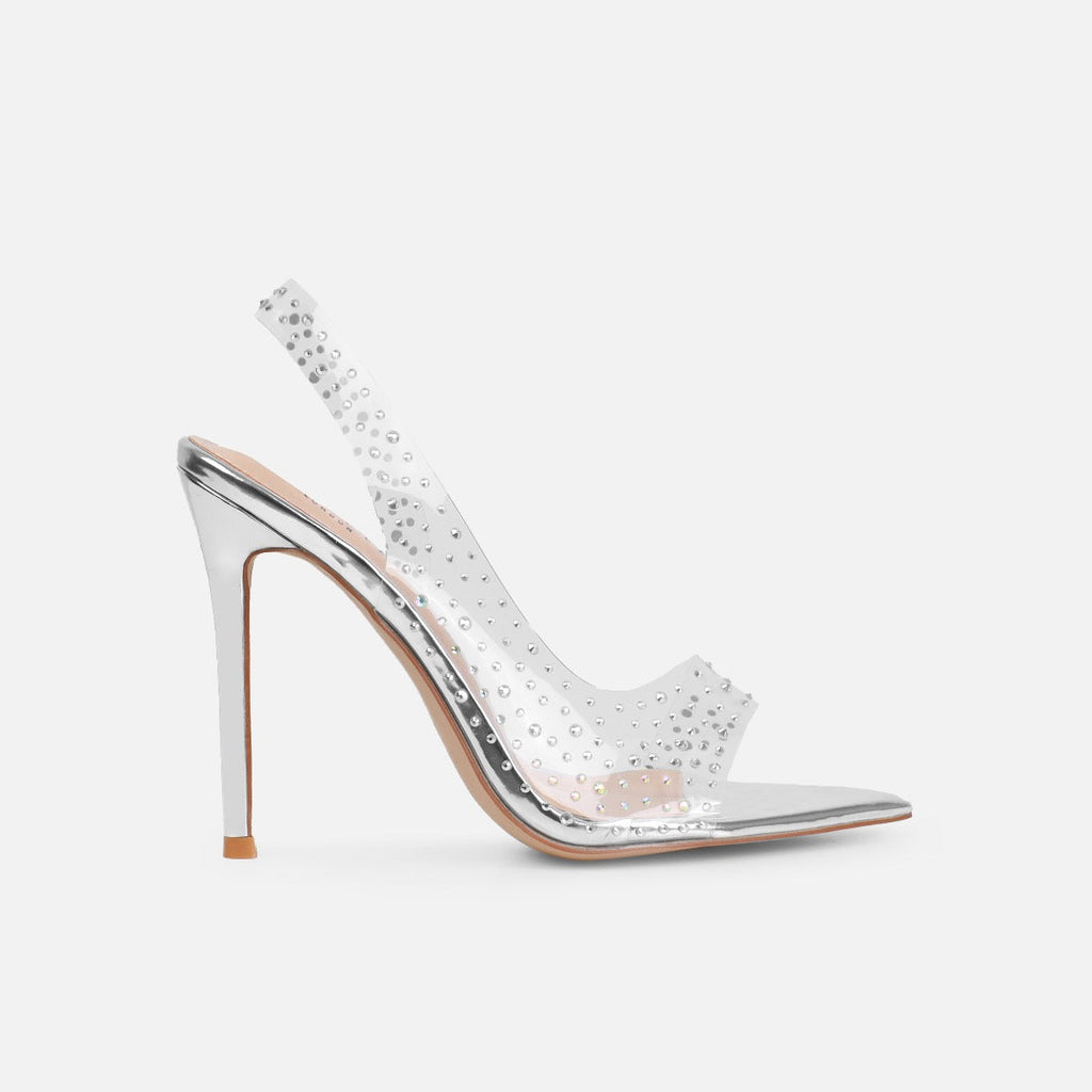 Frankii Silver Clear Diamante Stiletto Slingback Heels