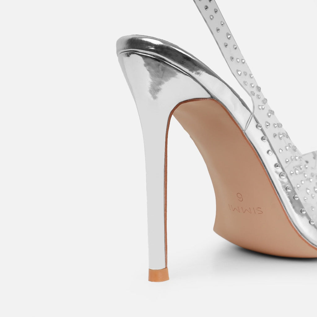Frankii Silver Clear Diamante Stiletto Slingback Heels