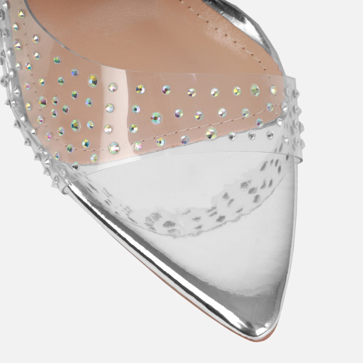 Frankii Silver Clear Diamante Stiletto Slingback Heels