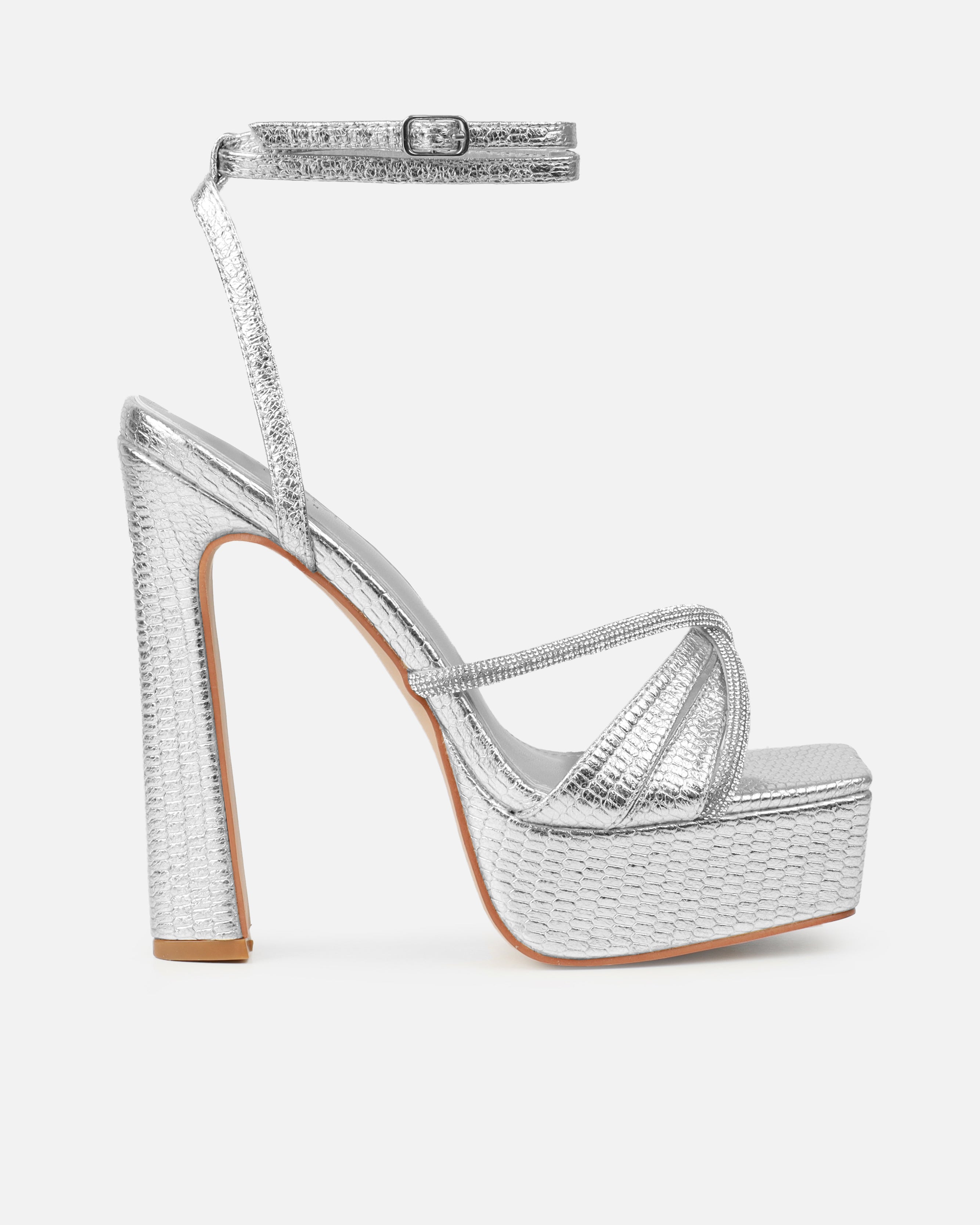 Adelaide Silver Faux Snake Diamante Platform Heels