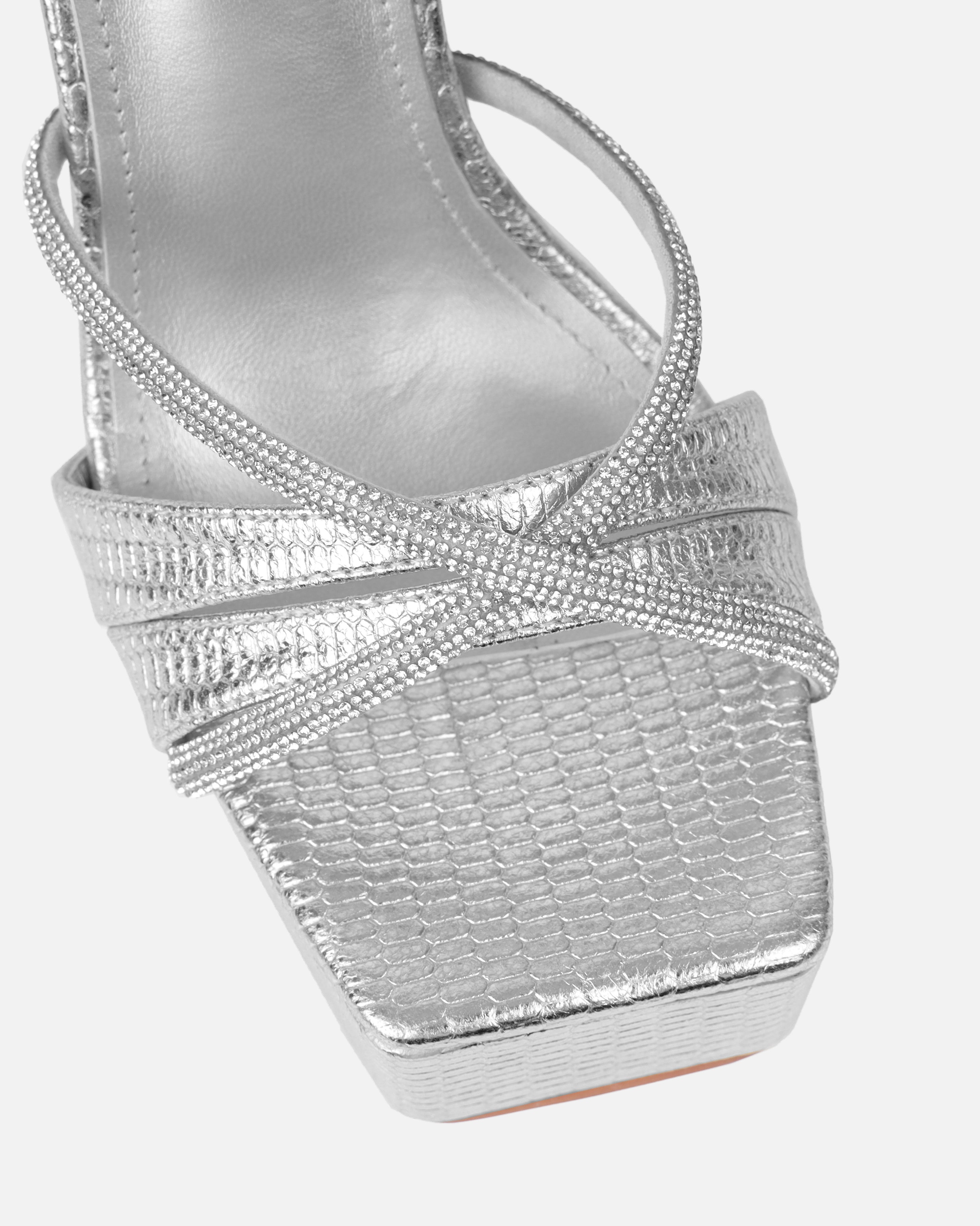 Adelaide Silver Faux Snake Diamante Platform Heels