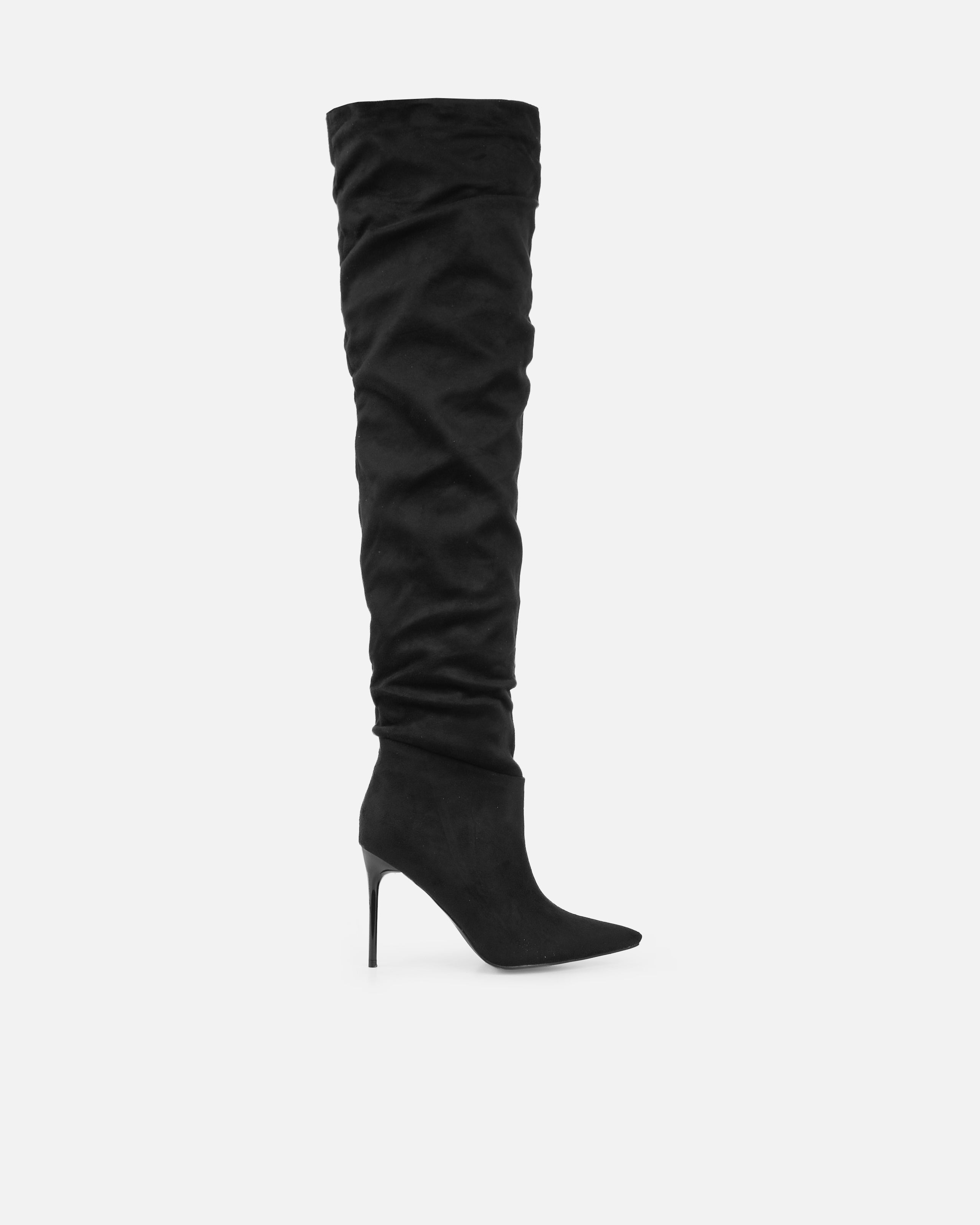 Gilton Black Faux Suede Ruched Over The Knee Thigh High Boots