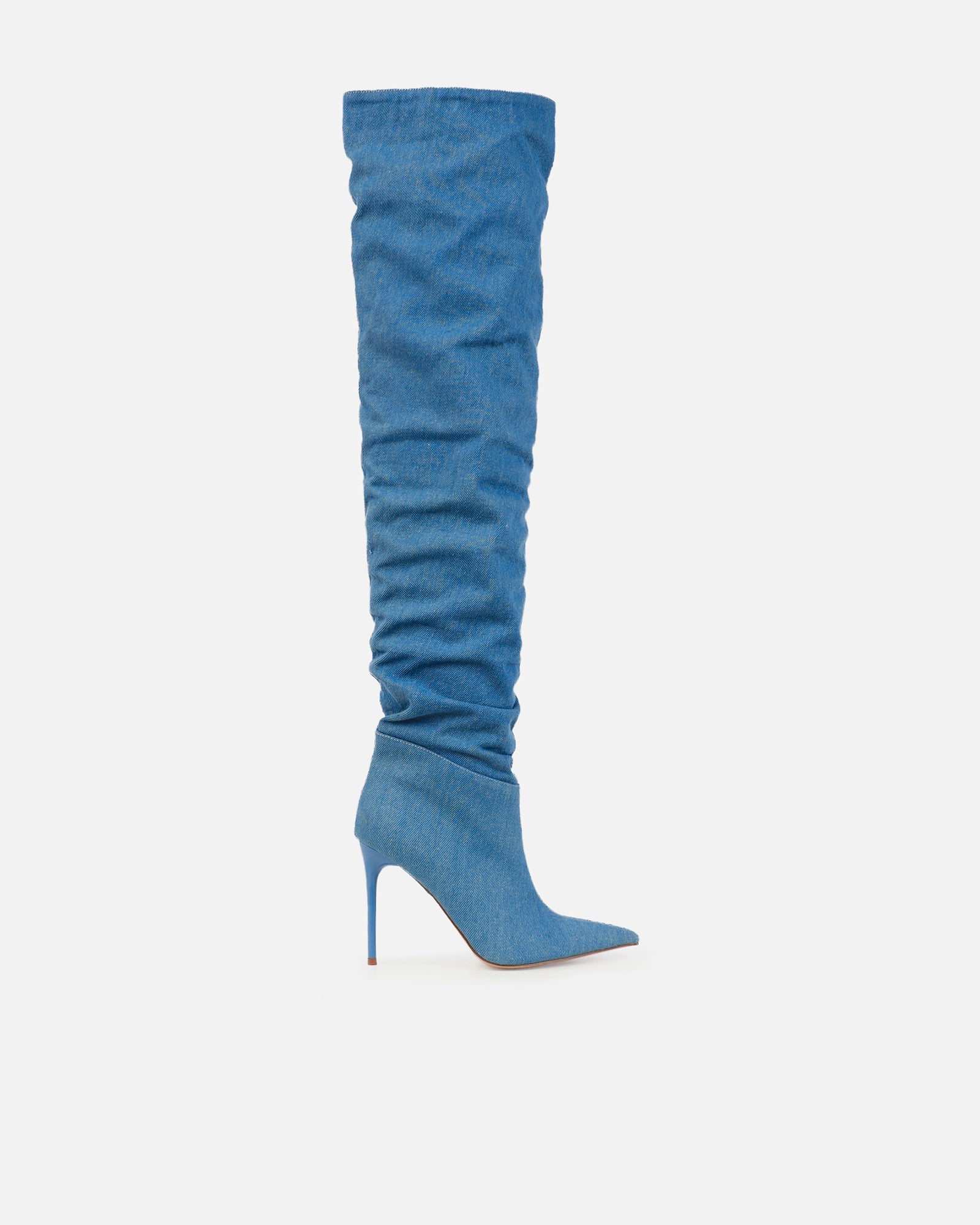 Gilton Blue Denim Faux Suede Ruched Over The Knee Thigh High Boots