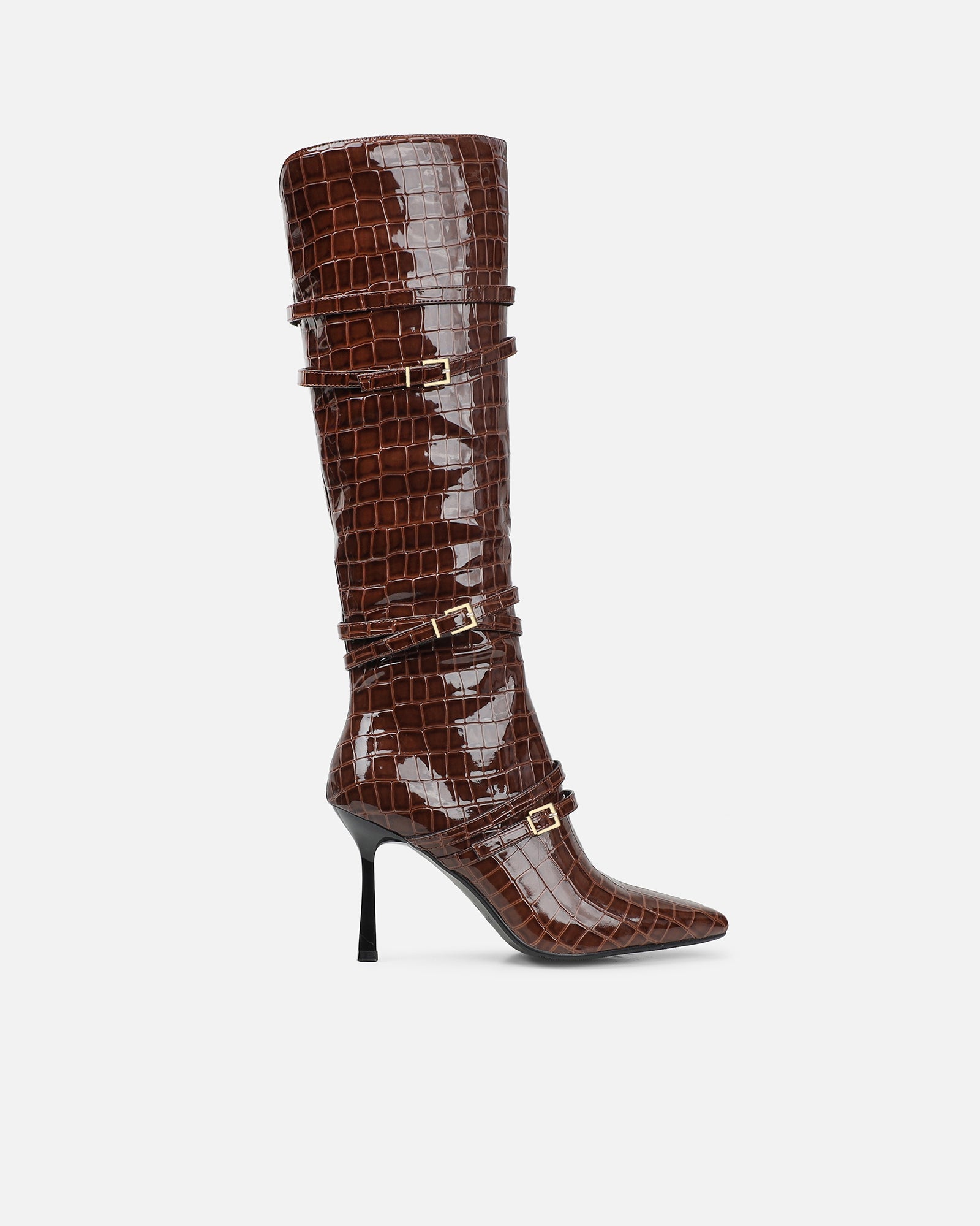 Haiden Brown Patent Croc Effect Knee Boots