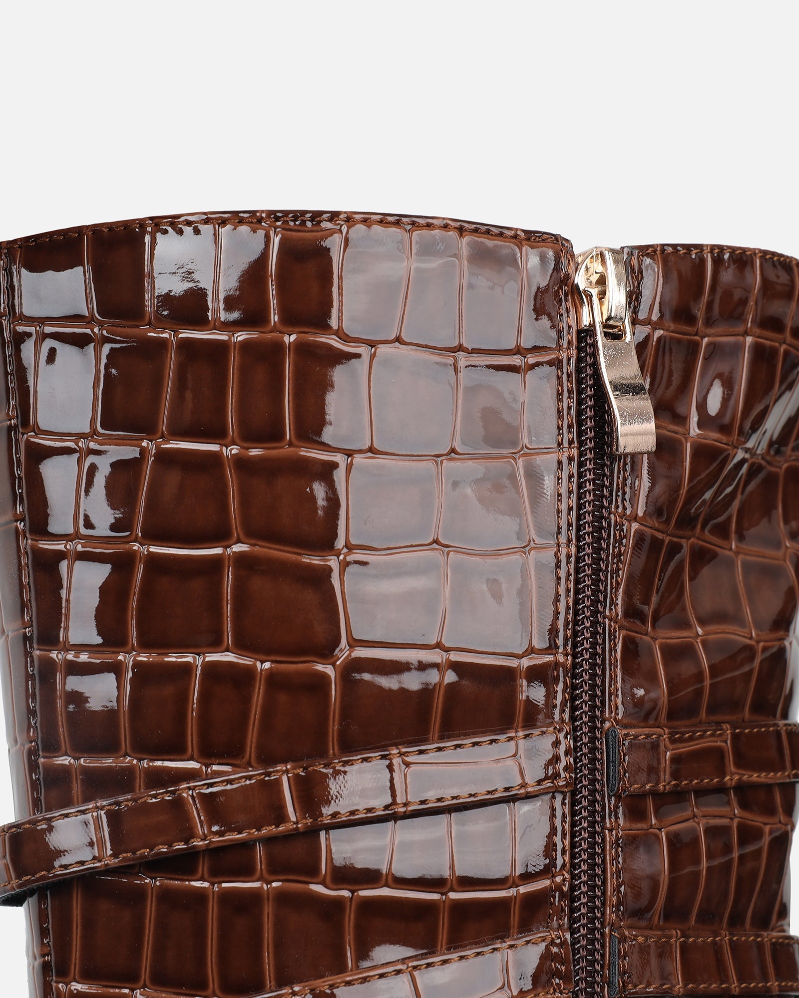 Haiden Brown Patent Croc Effect Knee Boots