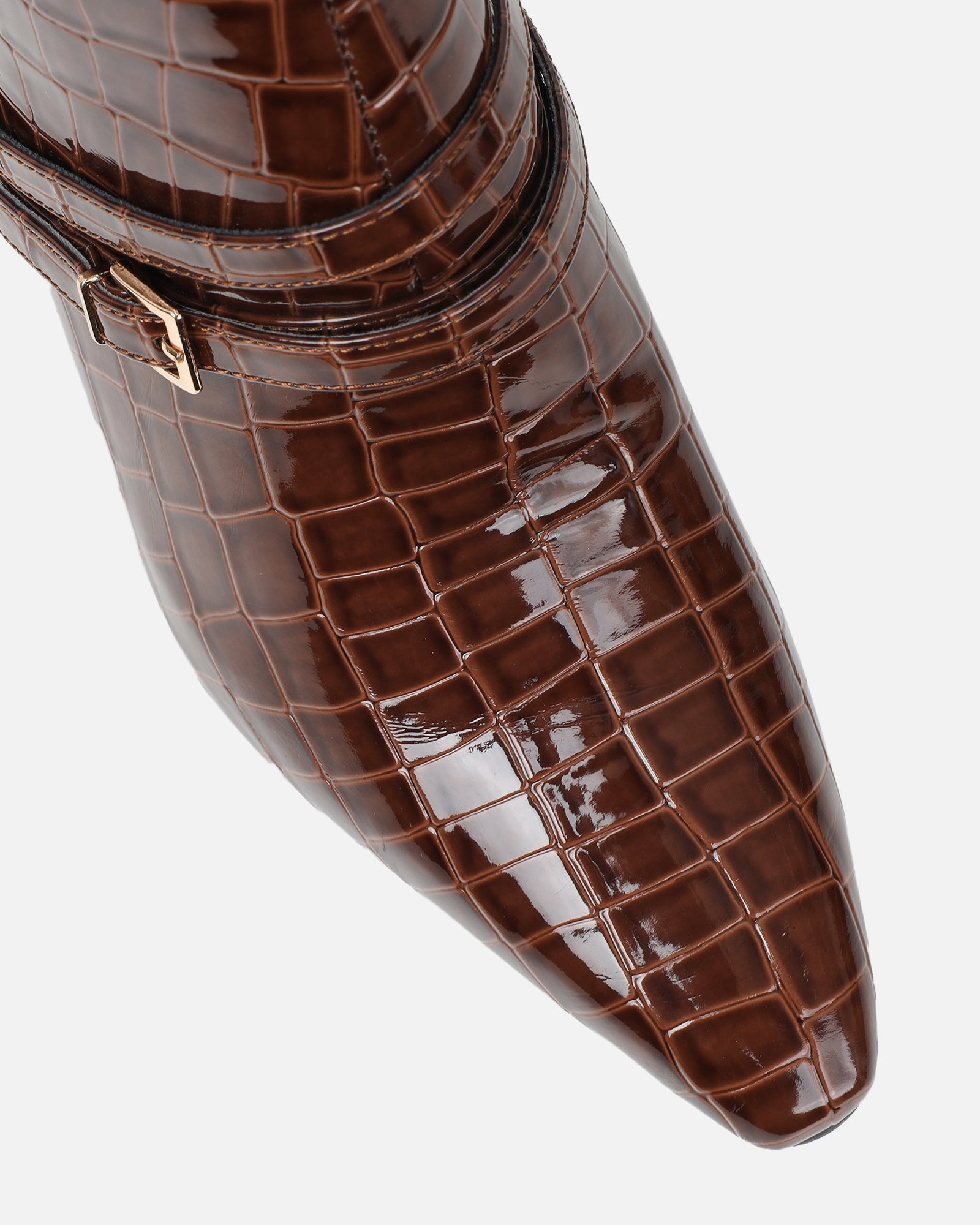 Haiden Brown Patent Croc Effect Knee Boots
