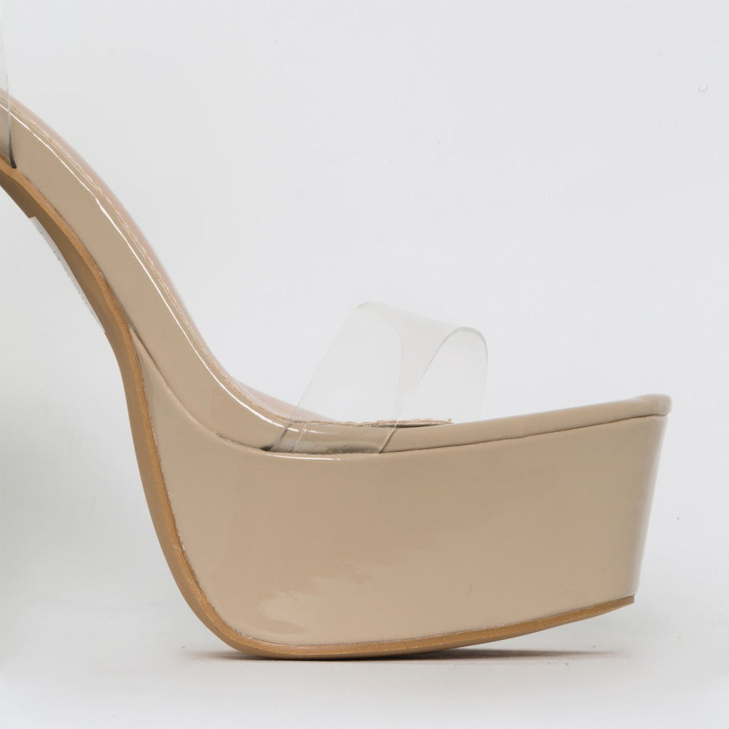 Halo Clear Nude Patent Platform Heels