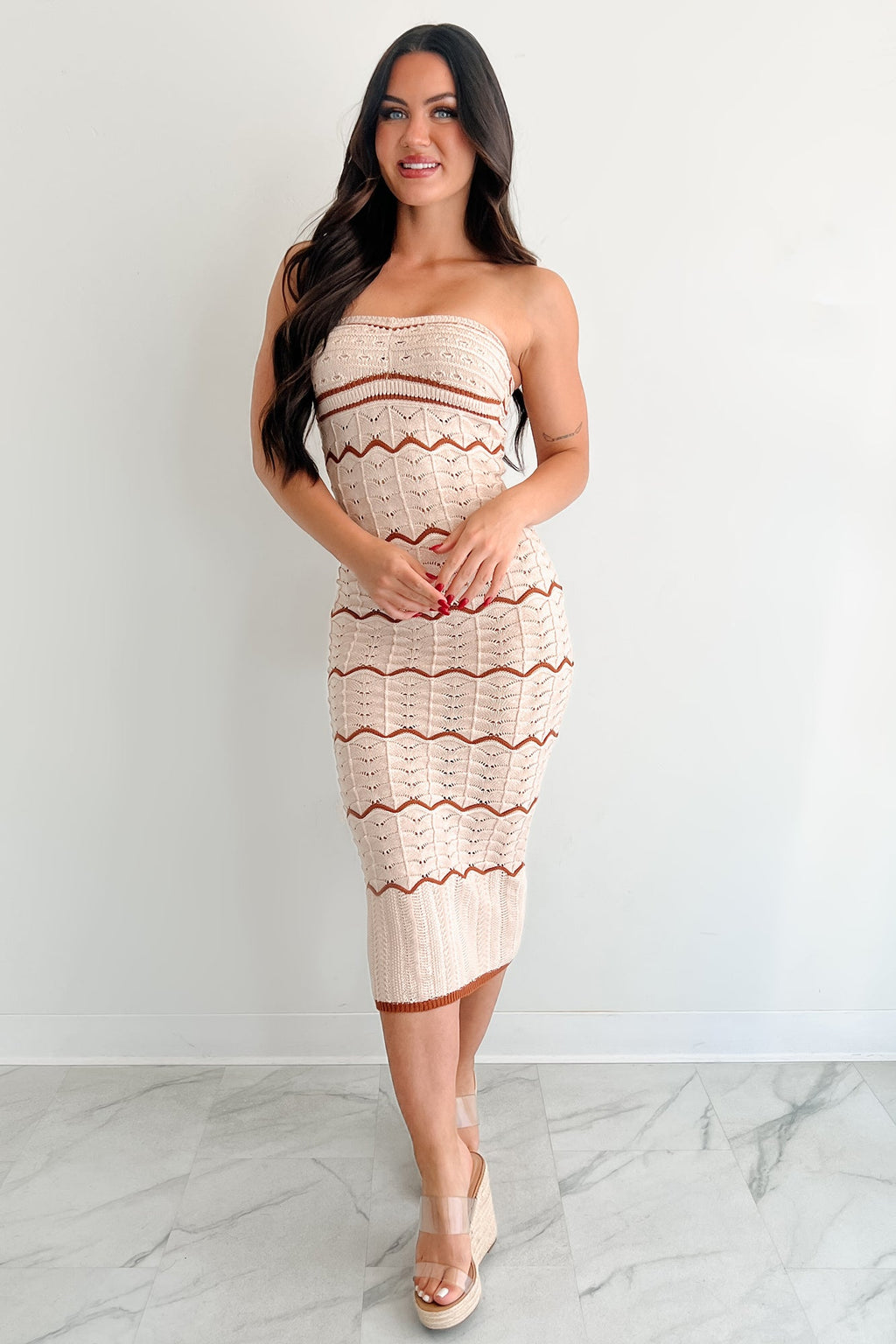 Glammed Up Crochet Knit Midi Dress (Taupe/Brown)