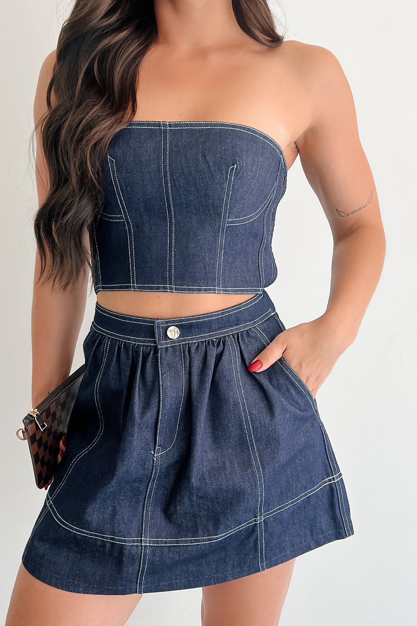 Brew & Browse Denim Crop Top & Mini Skirt Set (Dark)