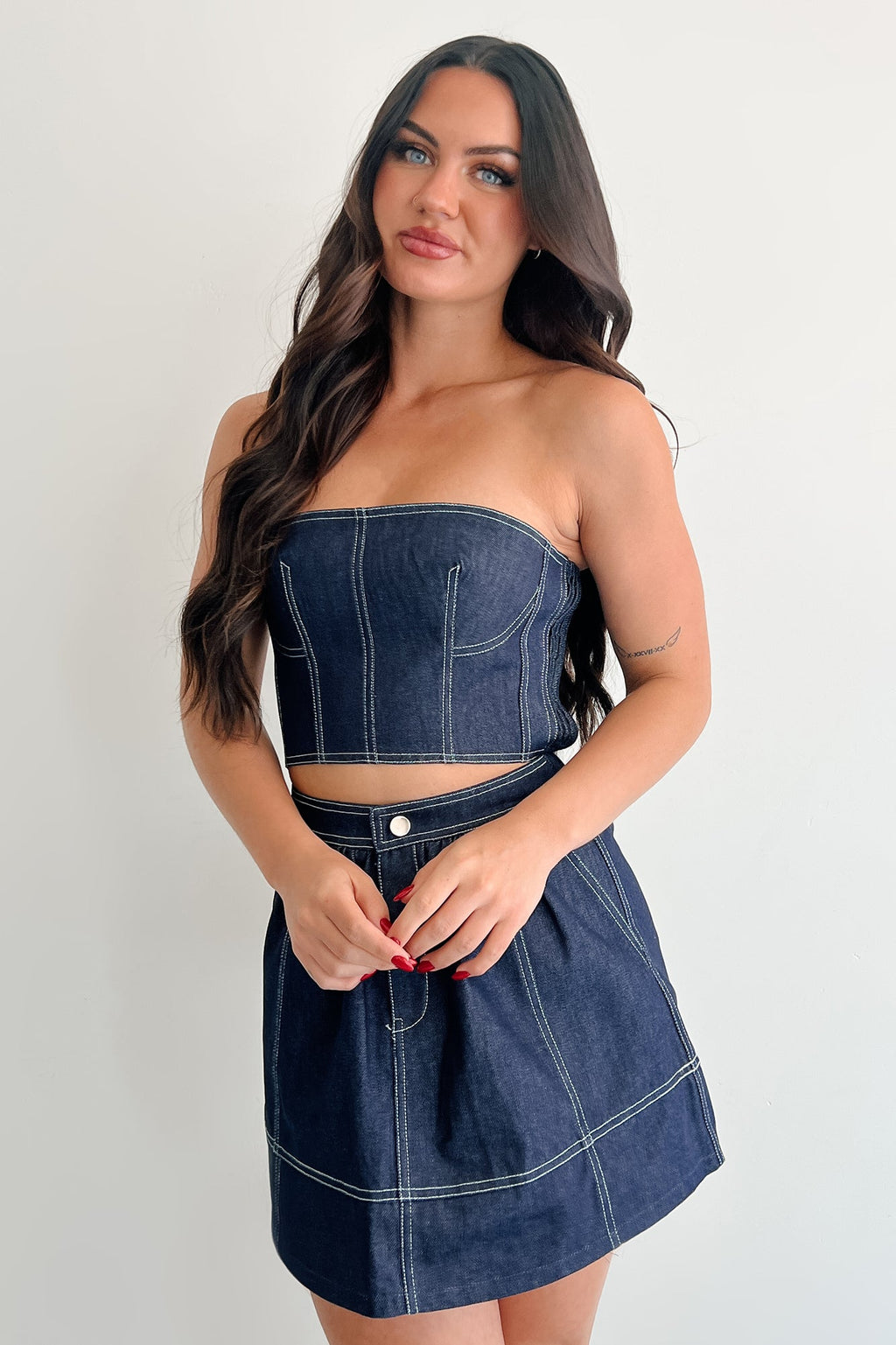 Brew & Browse Denim Crop Top & Mini Skirt Set (Dark)
