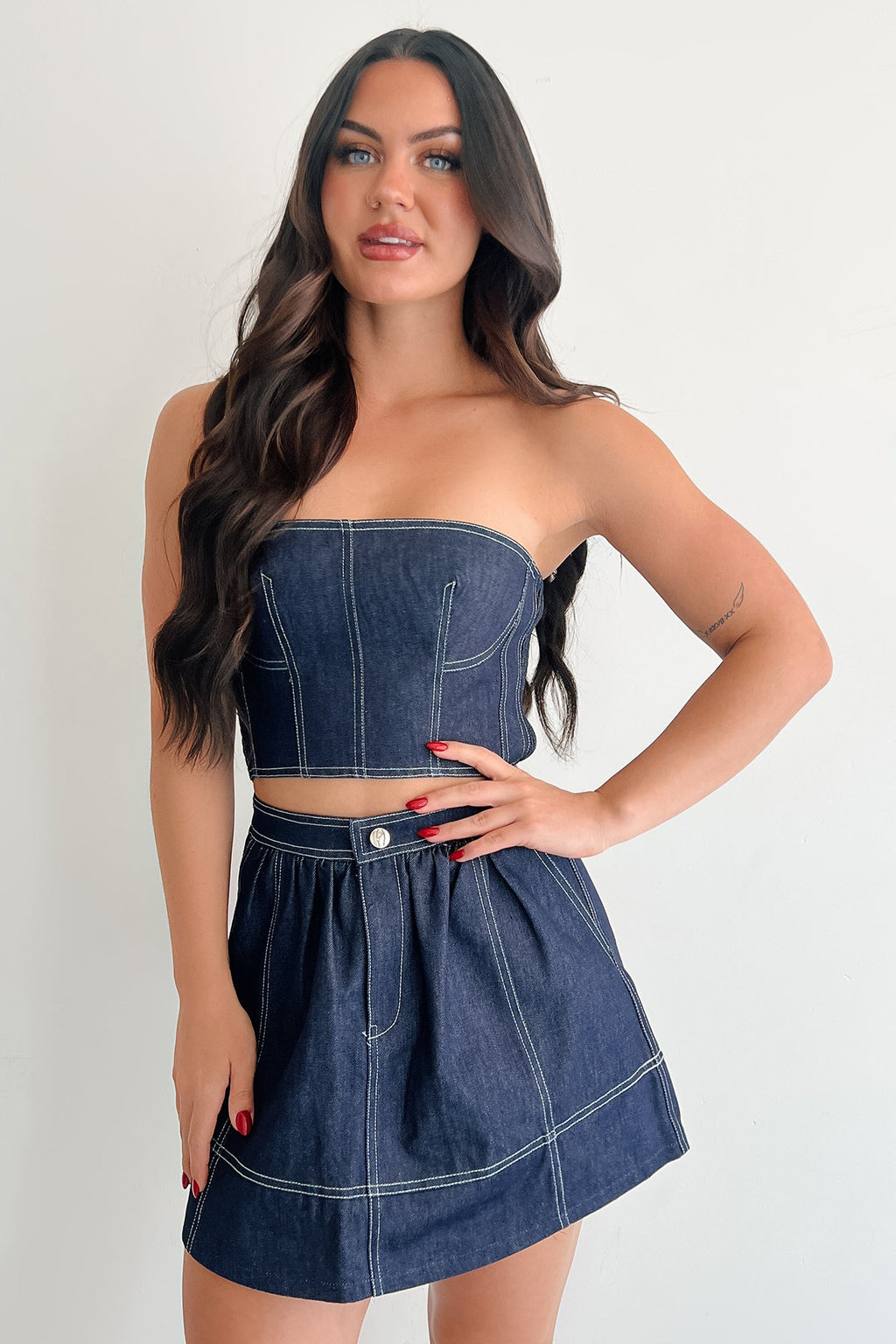 Brew & Browse Denim Crop Top & Mini Skirt Set (Dark)