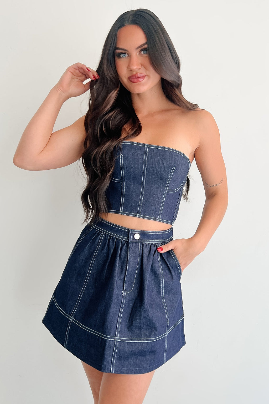 Brew & Browse Denim Crop Top & Mini Skirt Set (Dark)