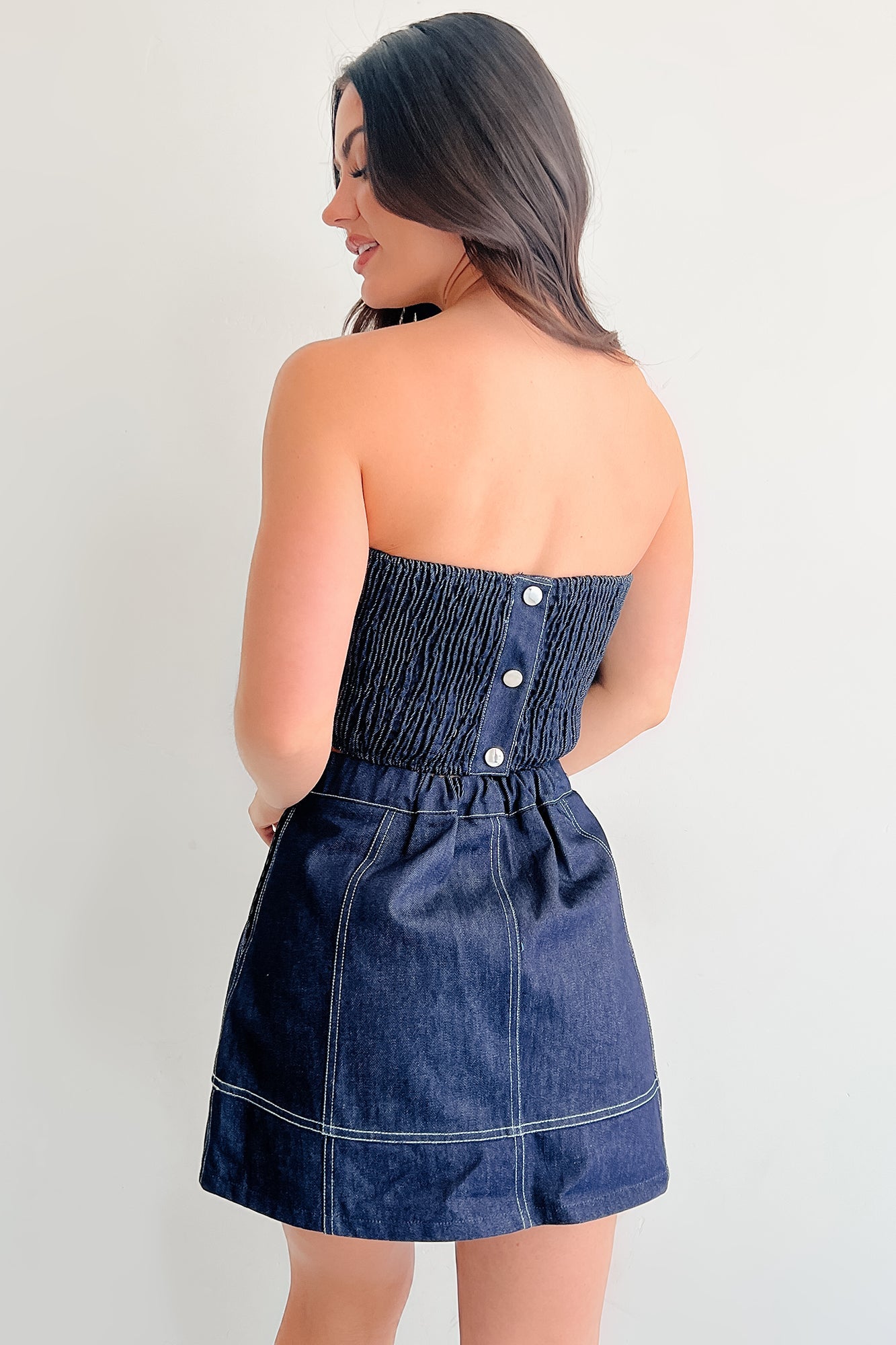 Brew & Browse Denim Crop Top & Mini Skirt Set (Dark)