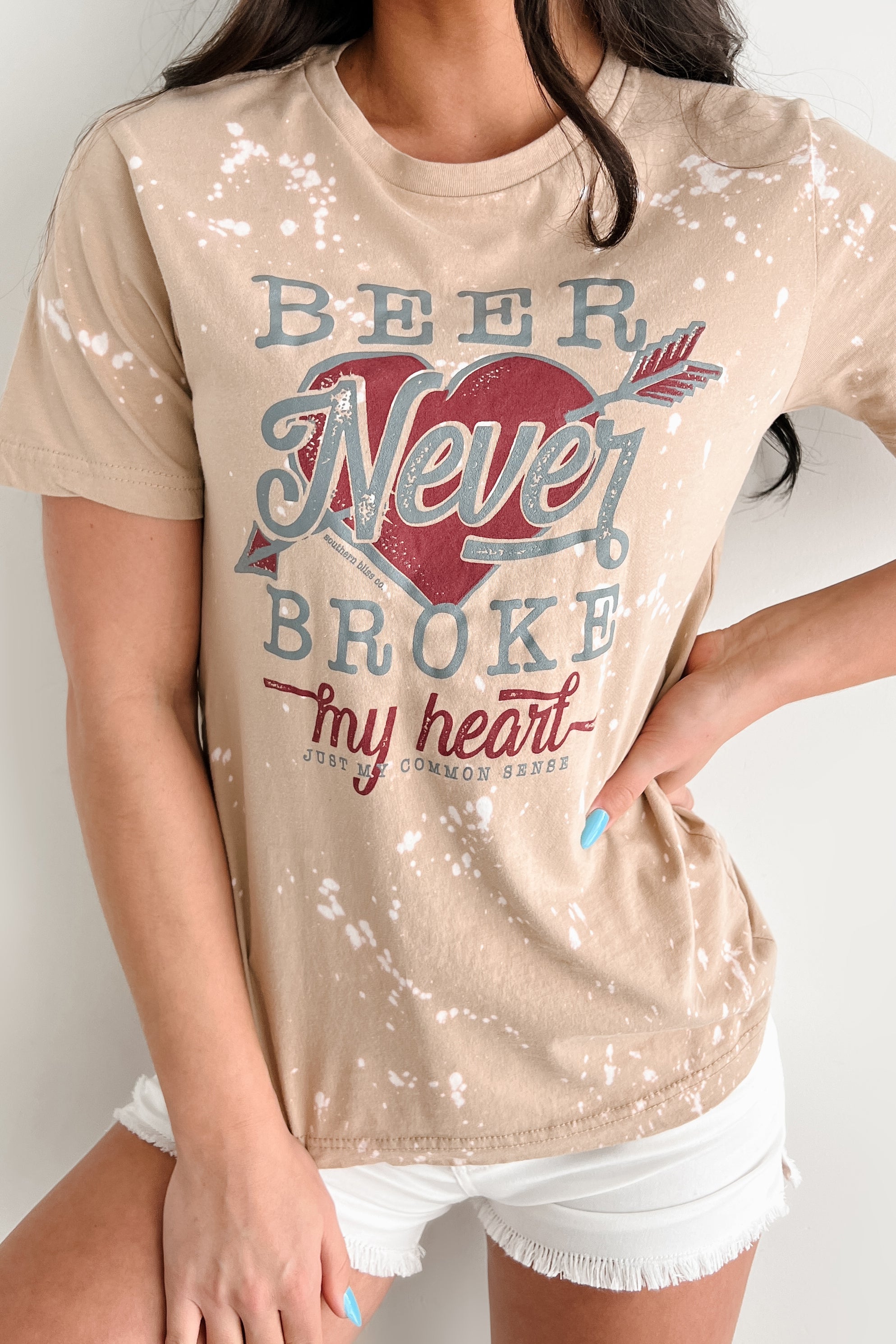 "Beer Never Broke My Heart" Bleached Graphic T-Shirt (Sand)
