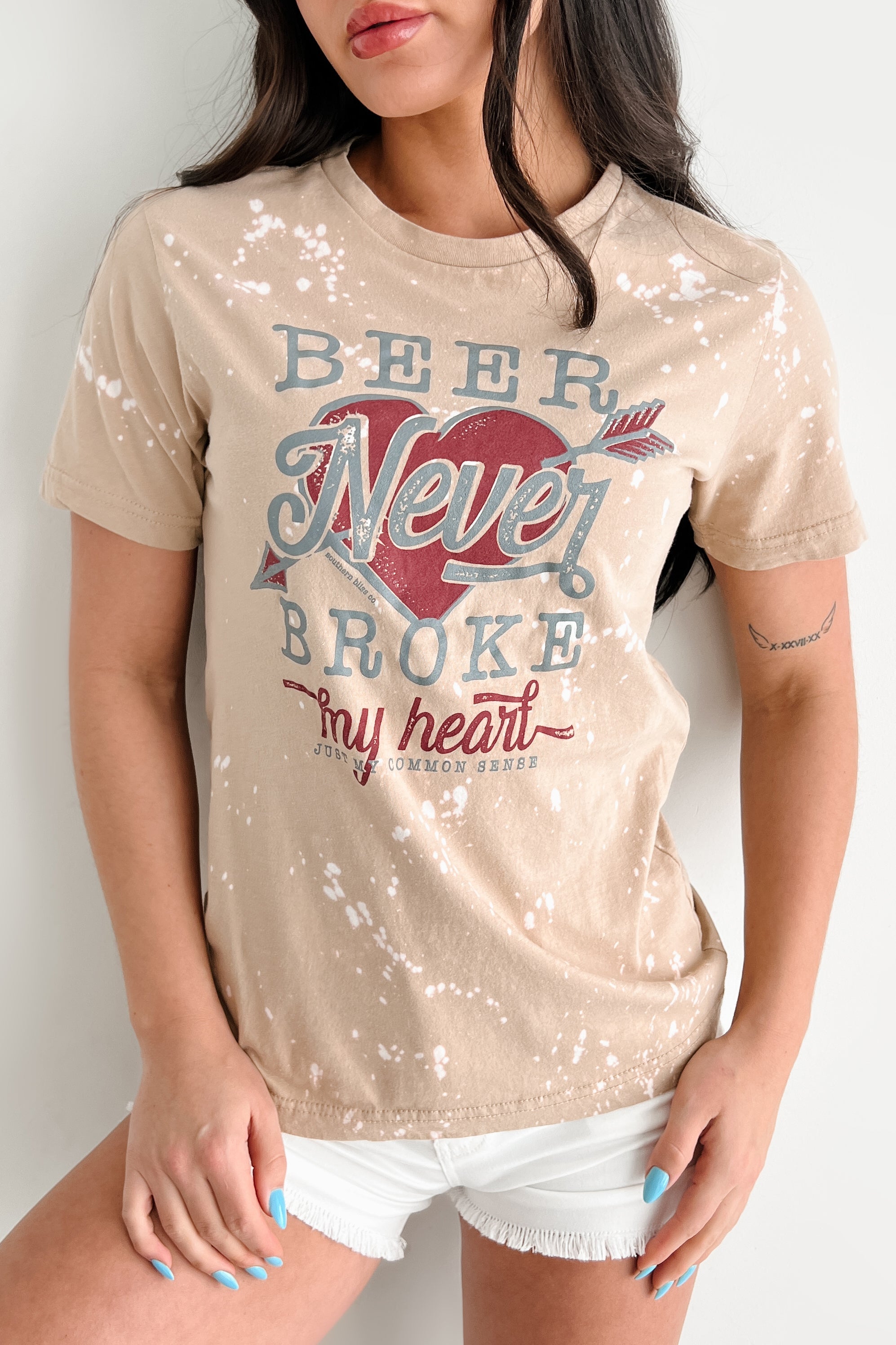 "Beer Never Broke My Heart" Bleached Graphic T-Shirt (Sand)