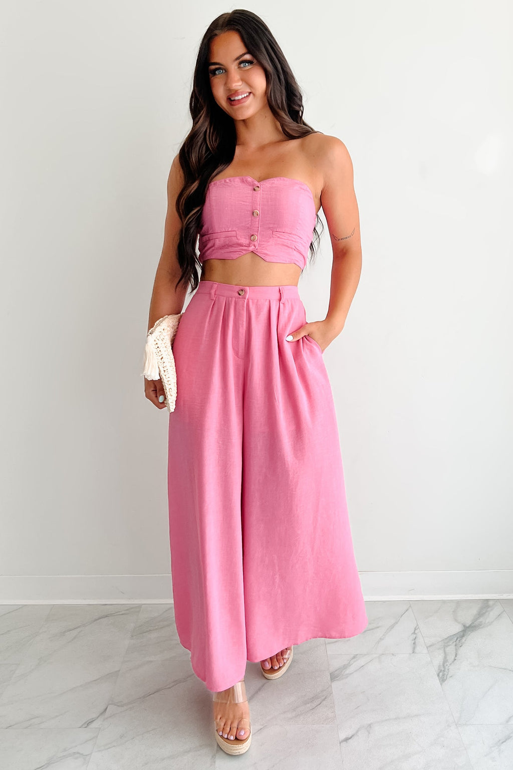 Heartthrob Moments Strapless Crop Top & Pant Set (Magenta)