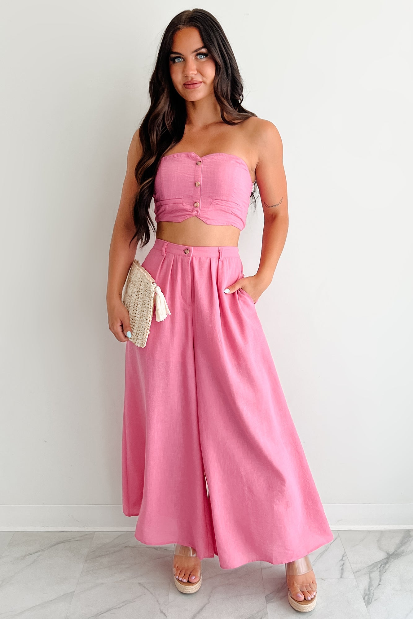 Heartthrob Moments Strapless Crop Top & Pant Set (Magenta)
