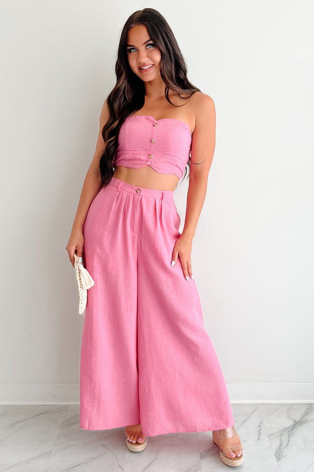 Heartthrob Moments Strapless Crop Top & Pant Set (Magenta)
