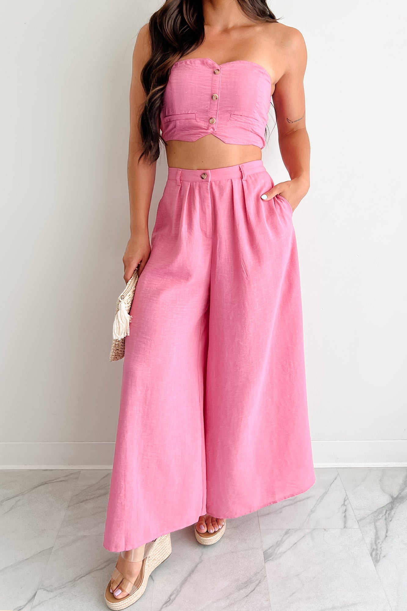 Heartthrob Moments Strapless Crop Top & Pant Set (Magenta)