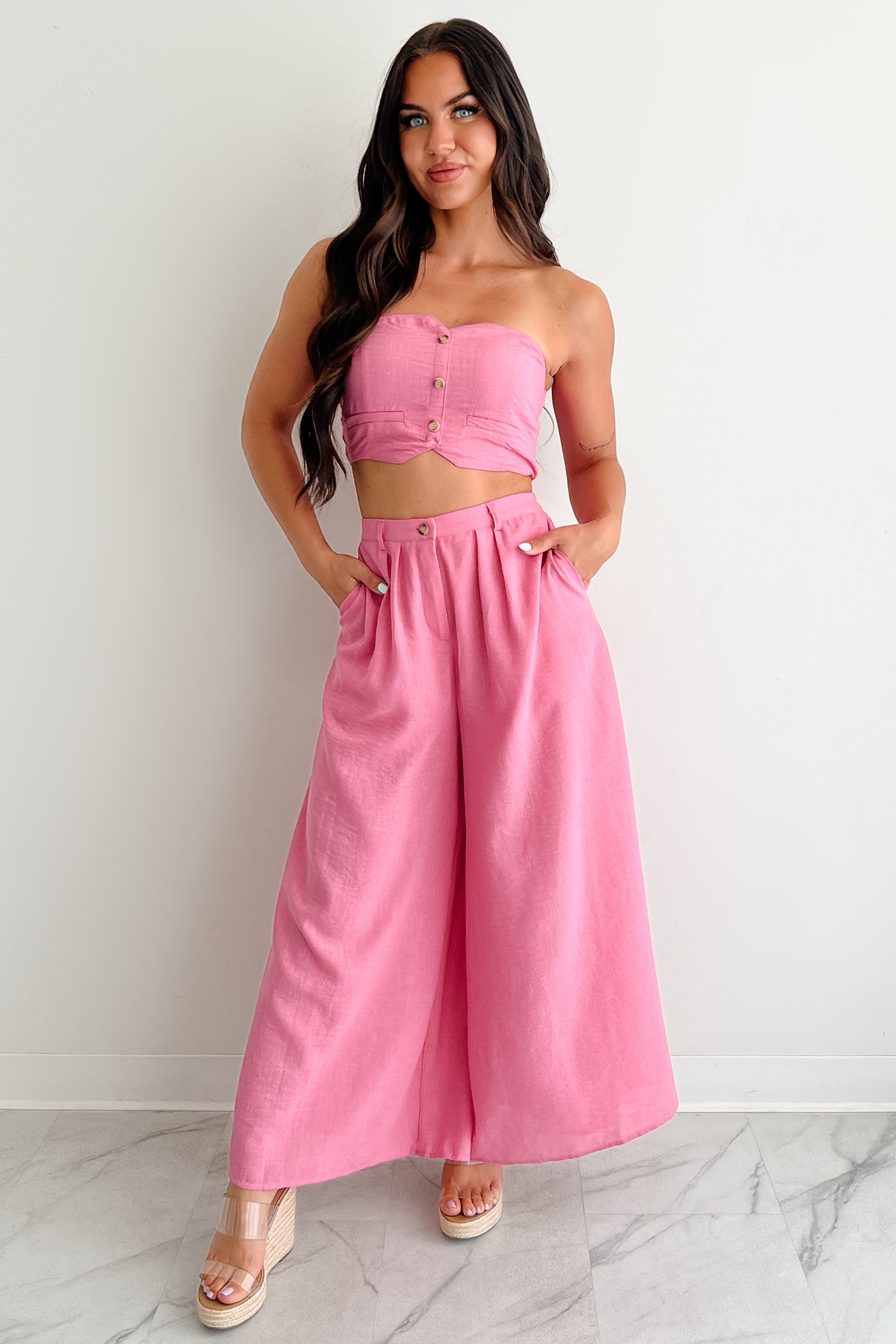 Heartthrob Moments Strapless Crop Top & Pant Set (Magenta)