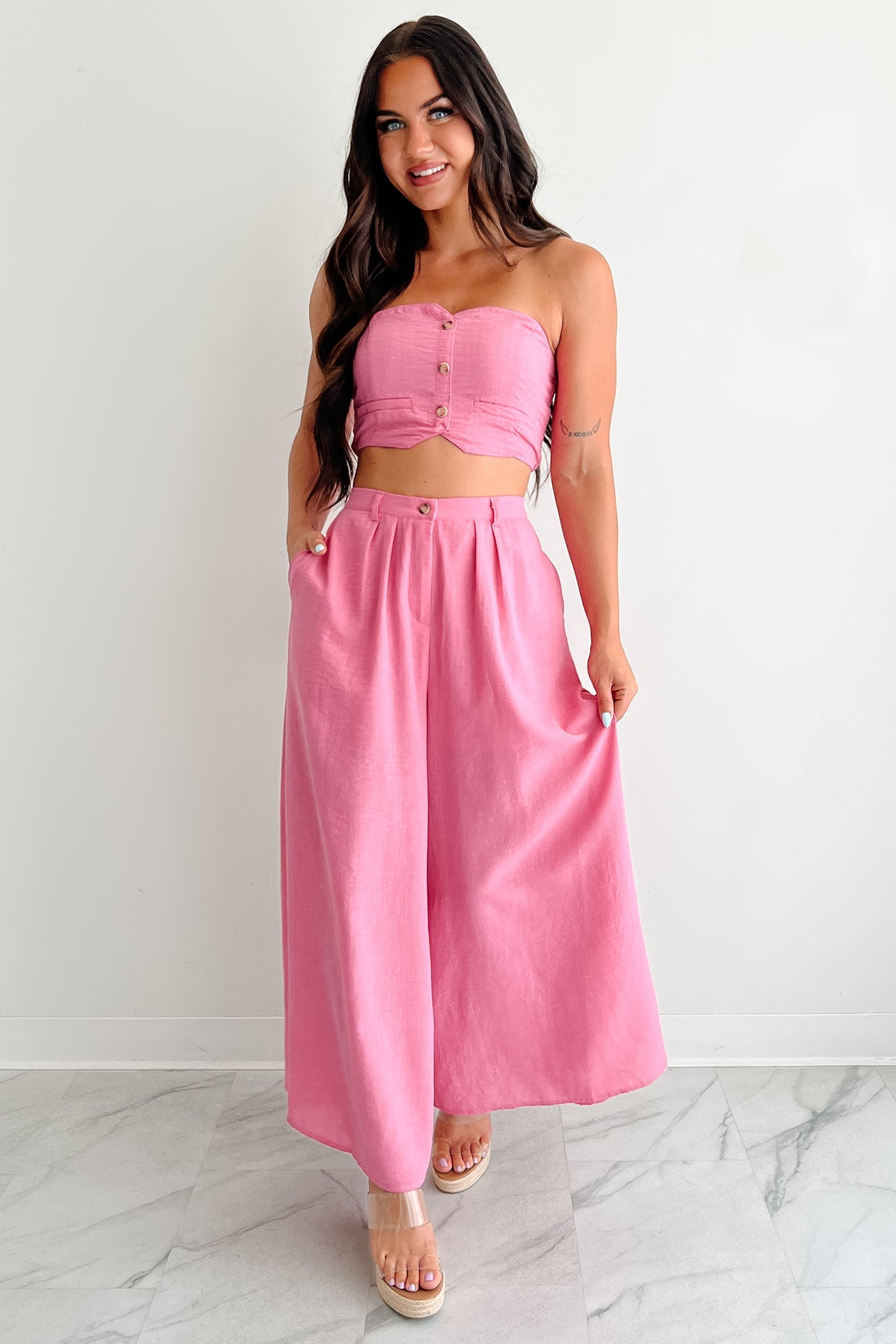Heartthrob Moments Strapless Crop Top & Pant Set (Magenta)