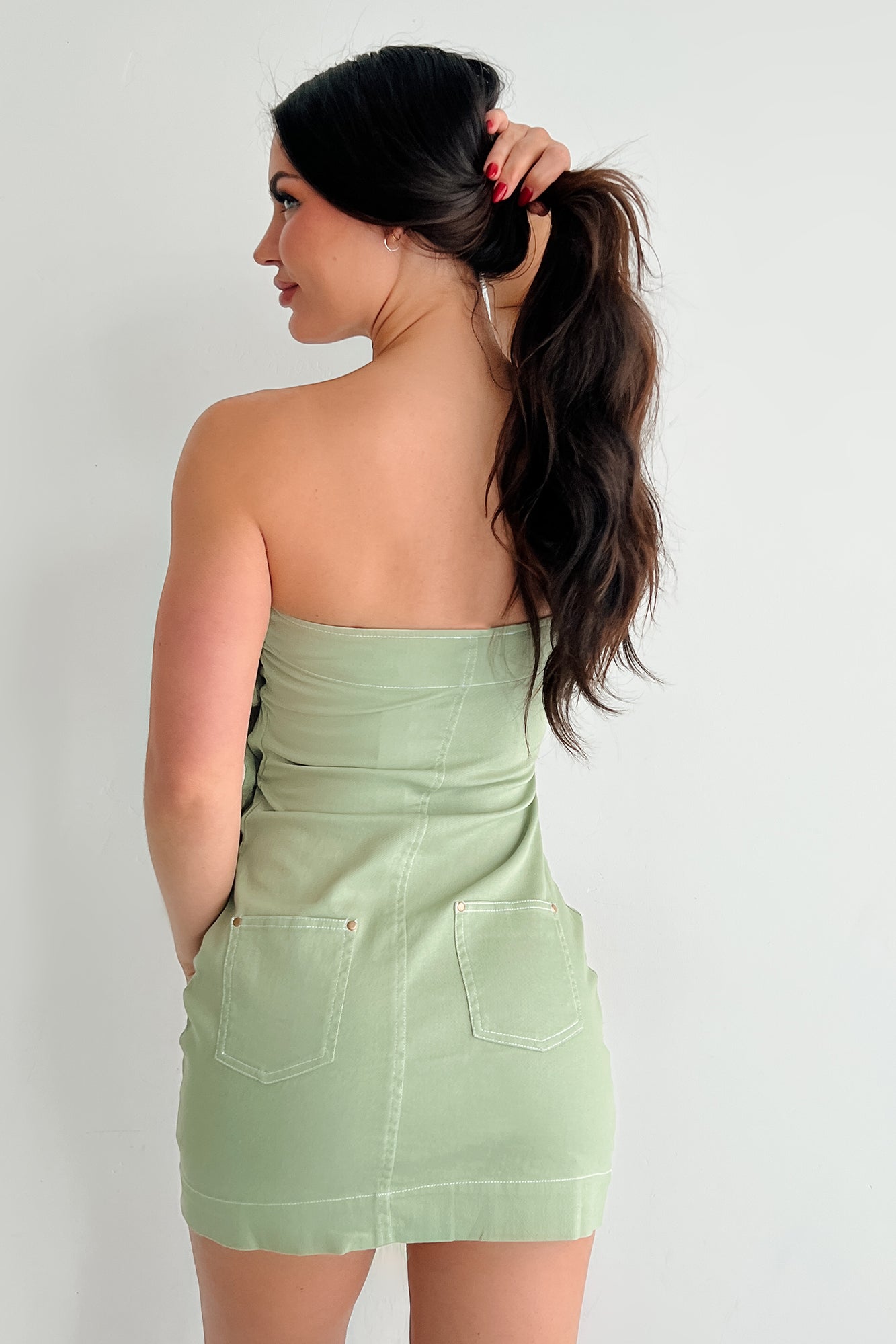 Glance Twice One Shoulder Denim Mini Dress (Olive)