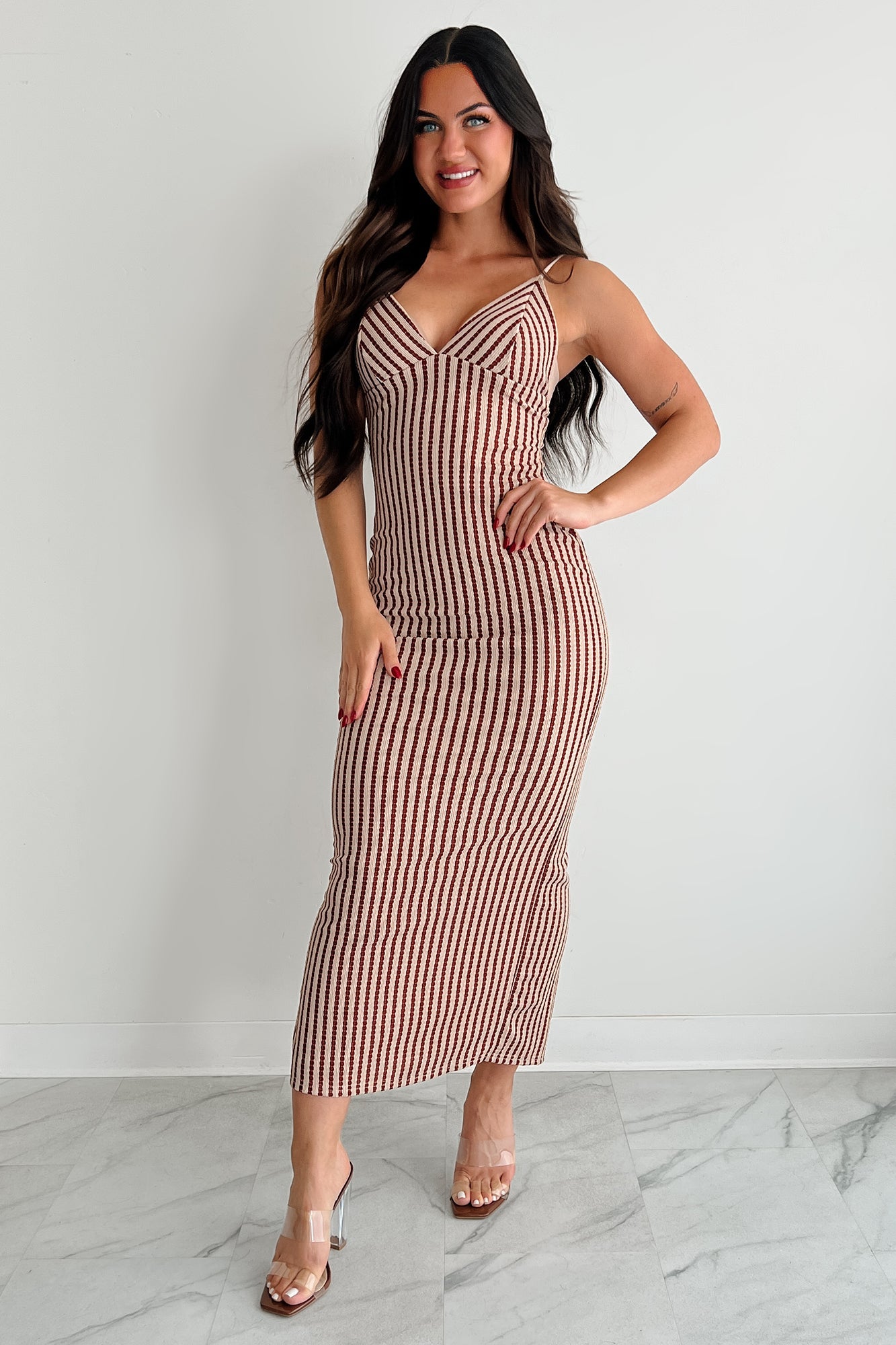 Halo On Hold Sleeveless Stripe Maxi Dress (Wine/Taupe)