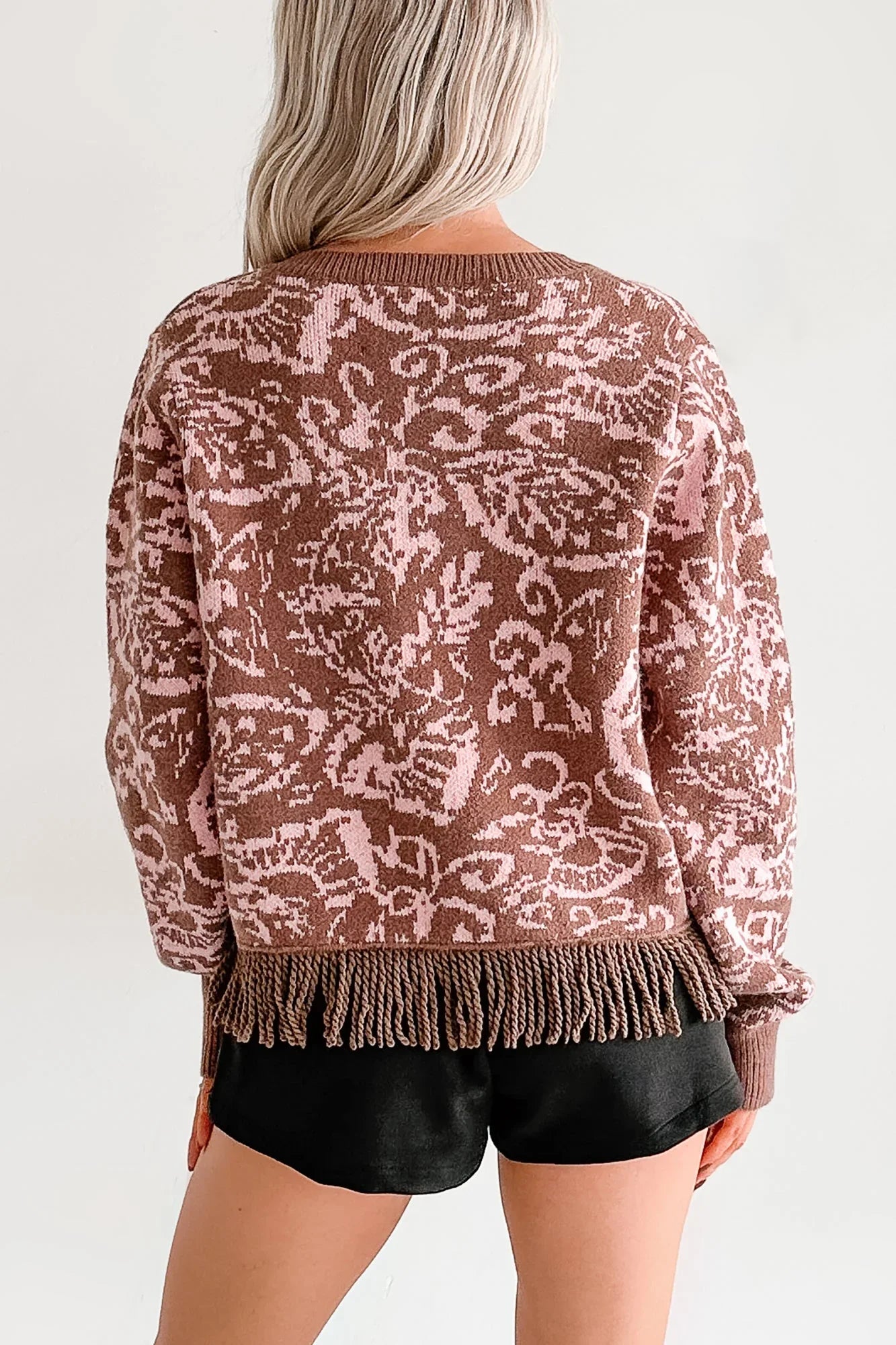 All I Really Want Floral Print Fringe Hem Cardigan (Mocha/Pink)