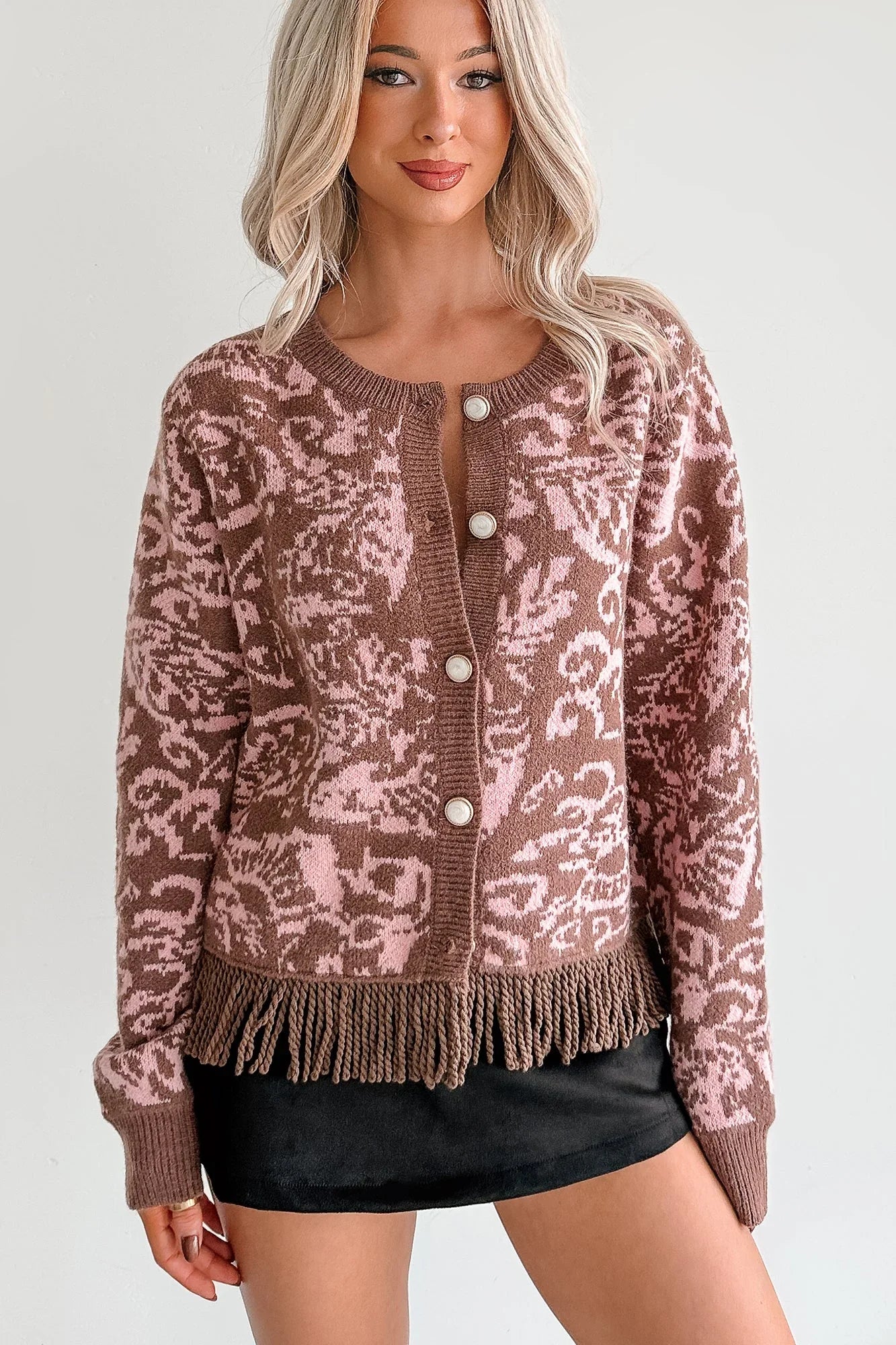 All I Really Want Floral Print Fringe Hem Cardigan (Mocha/Pink)