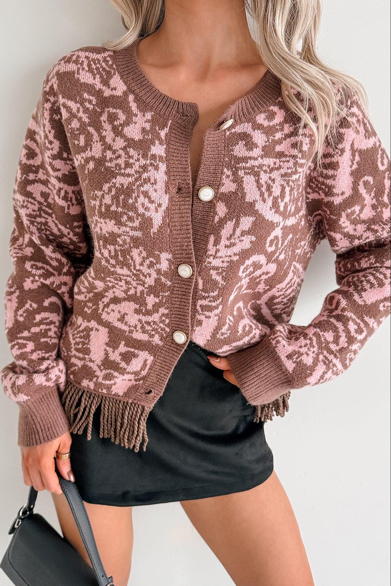 All I Really Want Floral Print Fringe Hem Cardigan (Mocha/Pink)