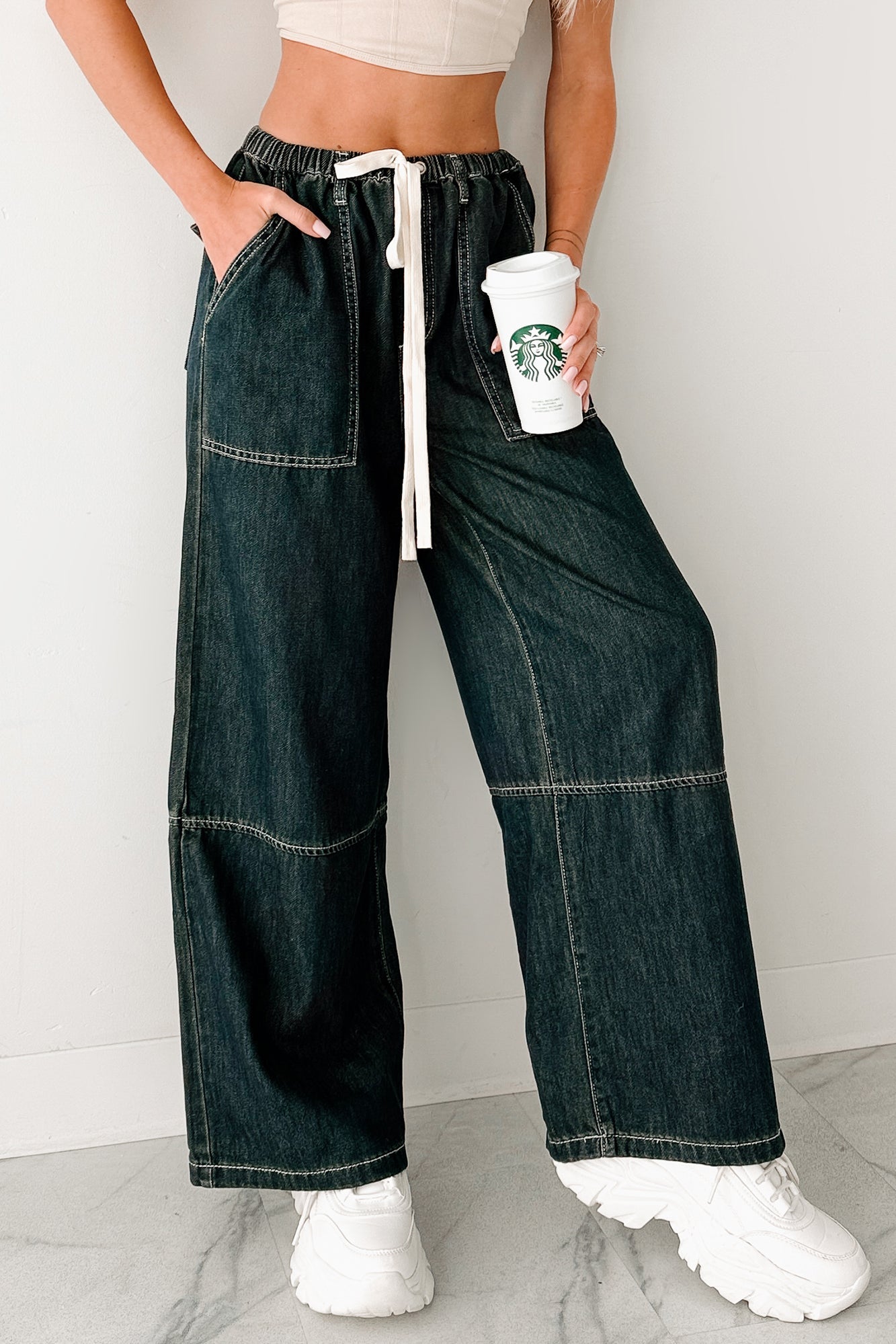 Chill Energy Wide Leg Drawstring Pants (Grey Denim)