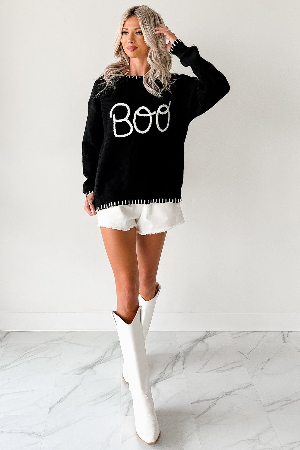 "BOO" Braided Text Halloween Sweater (Black)