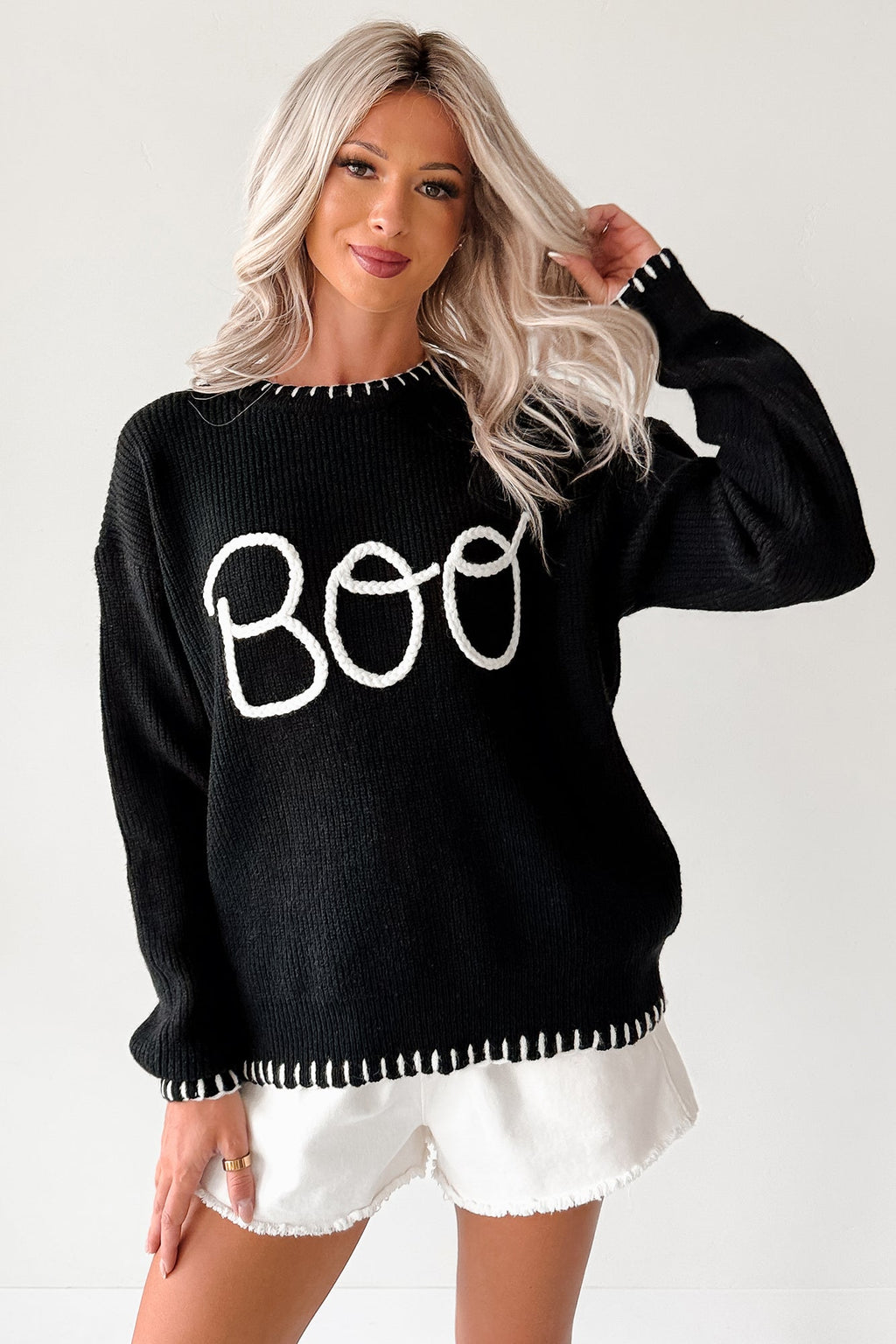 "BOO" Braided Text Halloween Sweater (Black)