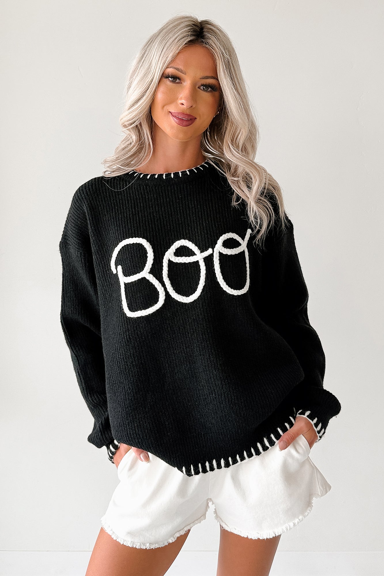 "BOO" Braided Text Halloween Sweater (Black)