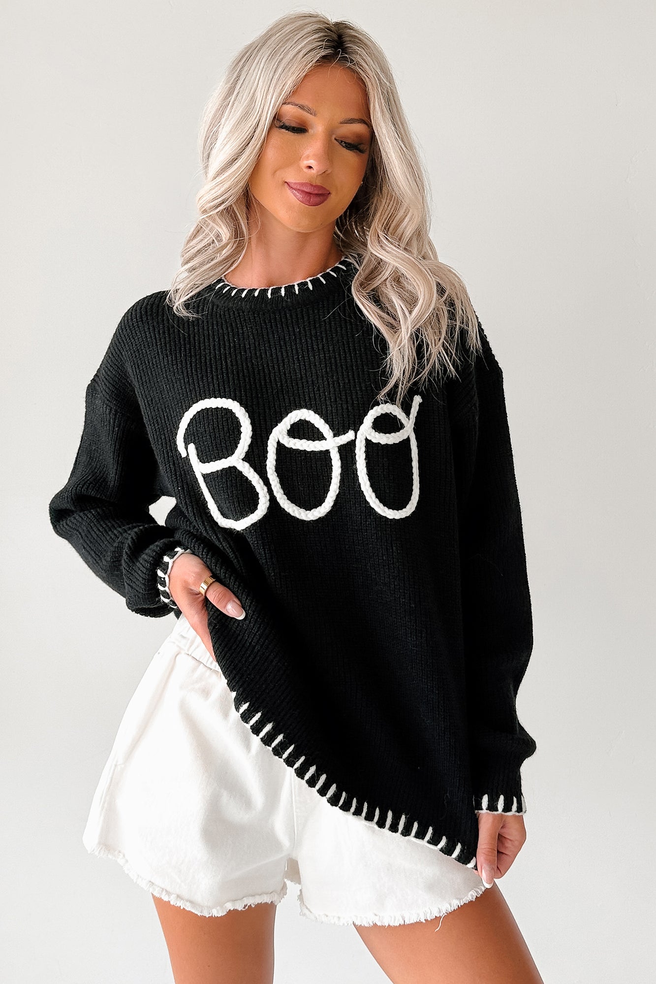 "BOO" Braided Text Halloween Sweater (Black)