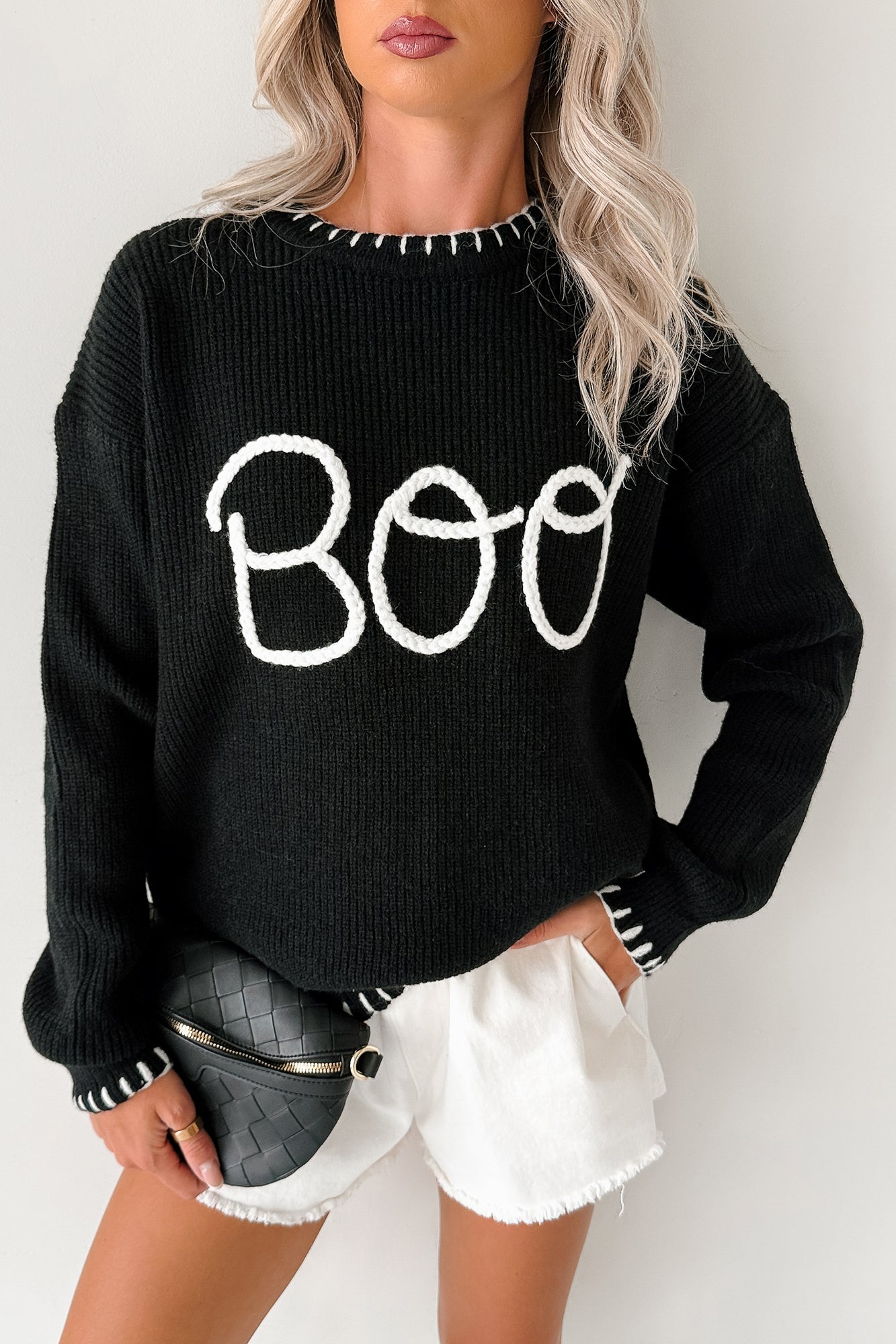 "BOO" Braided Text Halloween Sweater (Black)