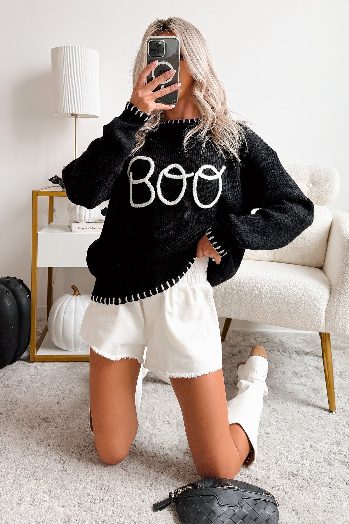 "BOO" Braided Text Halloween Sweater (Black)